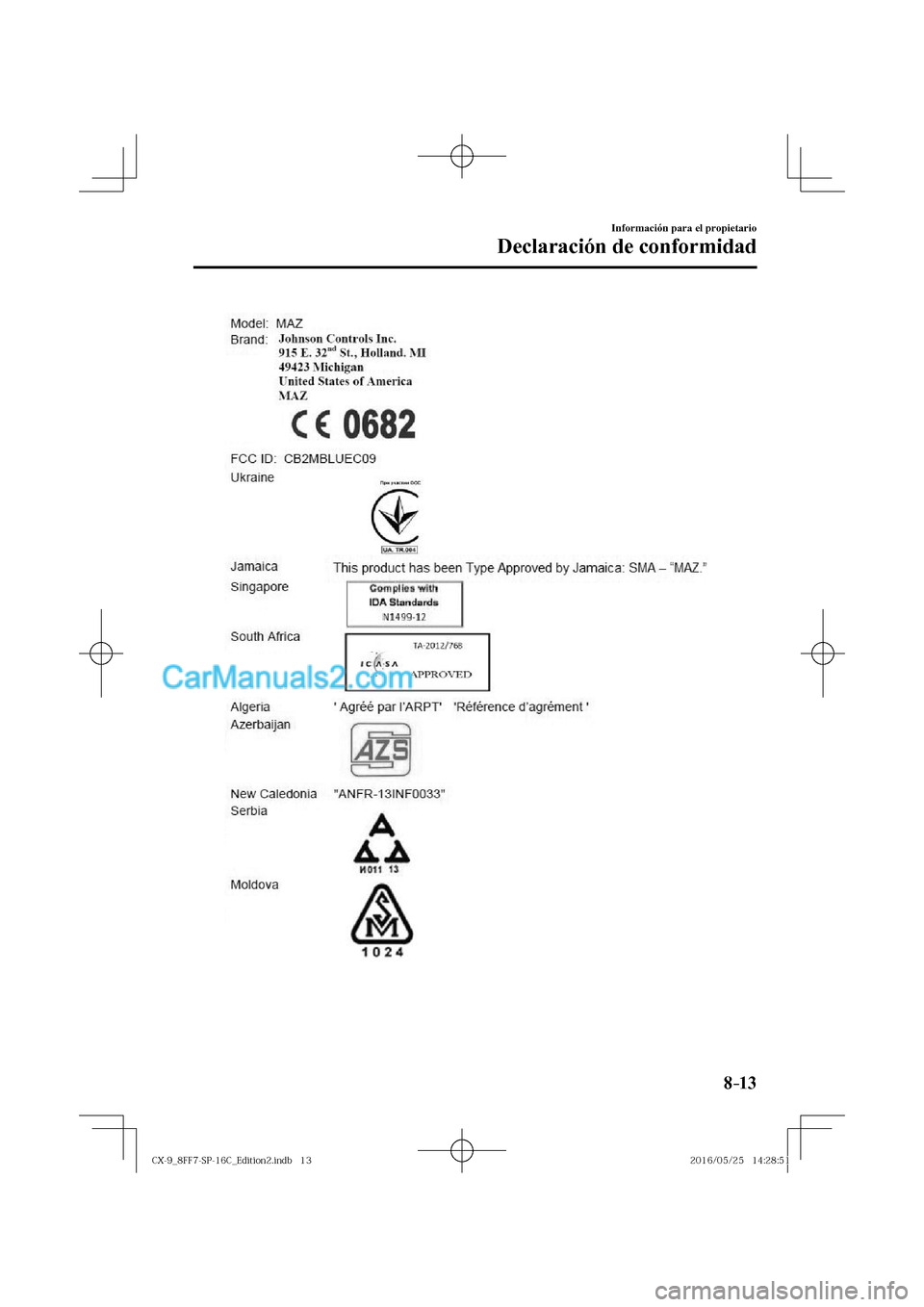 MAZDA MODEL CX-9 2017  Manual del propietario (in Spanish)  8–13
Información para el propietario
Declaración de conformidad
  
�$�9���@������4�1����$�@�&�E�J�U�J�P�O���J�O�E�C������$�9���@������4�1����$�@�&�E�J�U�J�P�O���J�O�E�
