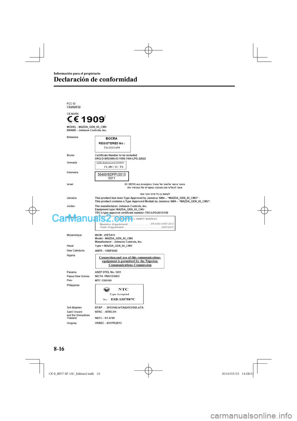 MAZDA MODEL CX-9 2017  Manual del propietario (in Spanish)  8–16
Información para el propietario
Declaración de conformidad
  
�$�9���@������4�1����$�@�&�E�J�U�J�P�O���J�O�E�C������$�9���@������4�1����$�@�&�E�J�U�J�P�O���J�O�E�