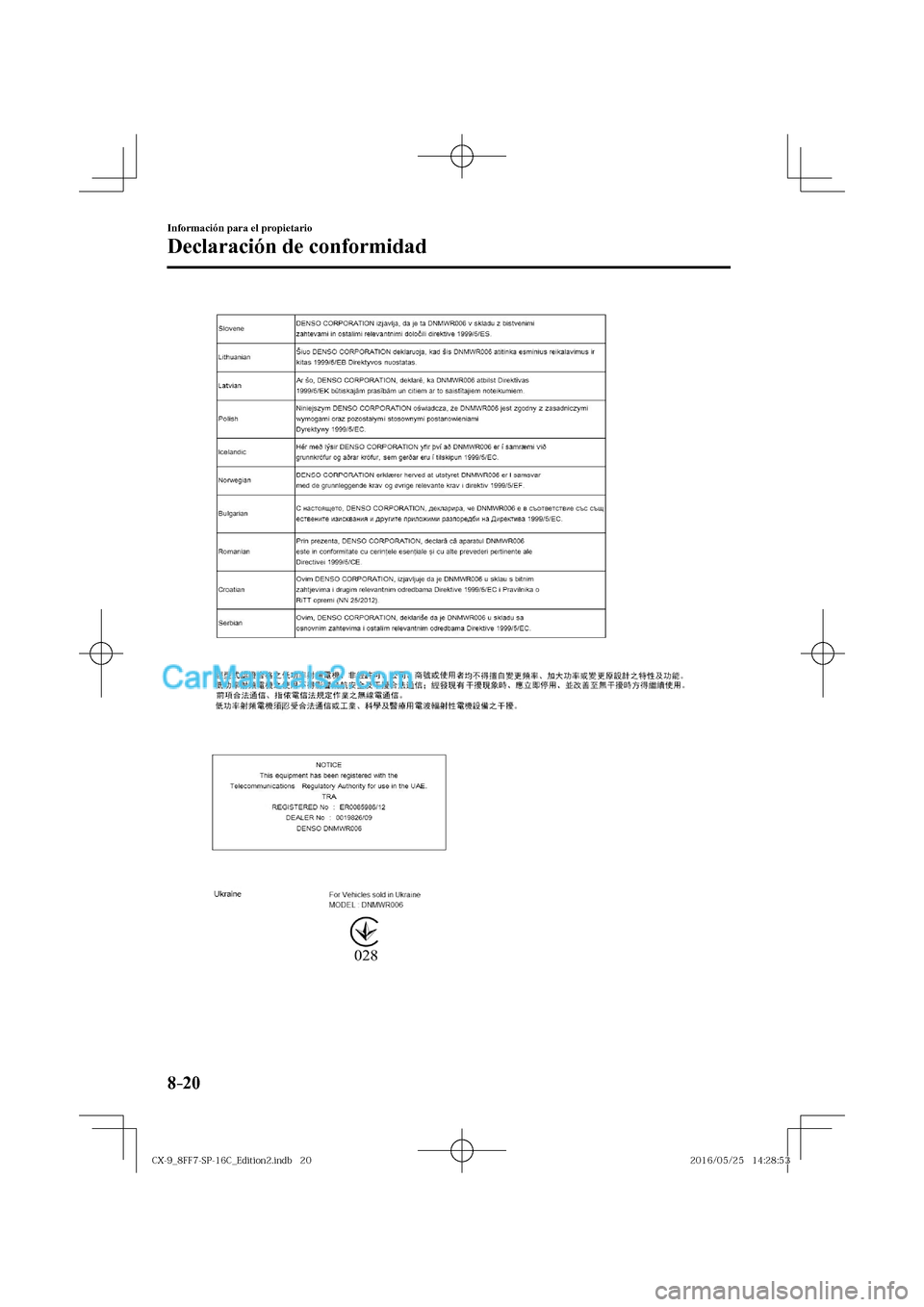 MAZDA MODEL CX-9 2017  Manual del propietario (in Spanish)  8–20
Información para el propietario
Declaración de conformidad
  
�$�9���@������4�1����$�@�&�E�J�U�J�P�O���J�O�E�C������$�9���@������4�1����$�@�&�E�J�U�J�P�O���J�O�E�