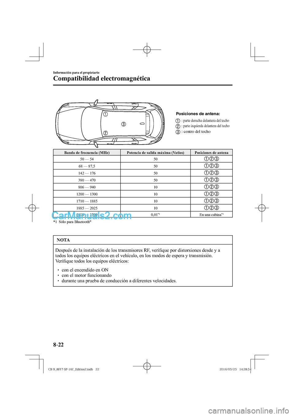 MAZDA MODEL CX-9 2017  Manual del propietario (in Spanish)  8–22
Información para el propietario
Compatibilidad electromagnética
 
Posiciones de antena:
: parte derecha delantera del techo
: parte izquierda delantera del techo
: centro del techo
 
 Banda d