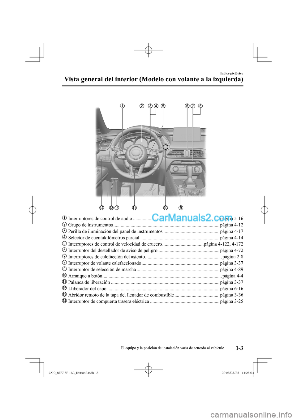 MAZDA MODEL CX-9 2017  Manual del propietario (in Spanish)  1–3
Indice pictórico
Vista general del interior (Modelo con volante a la izquierda)
   
���
  Interruptores de control de audio ..................................................................