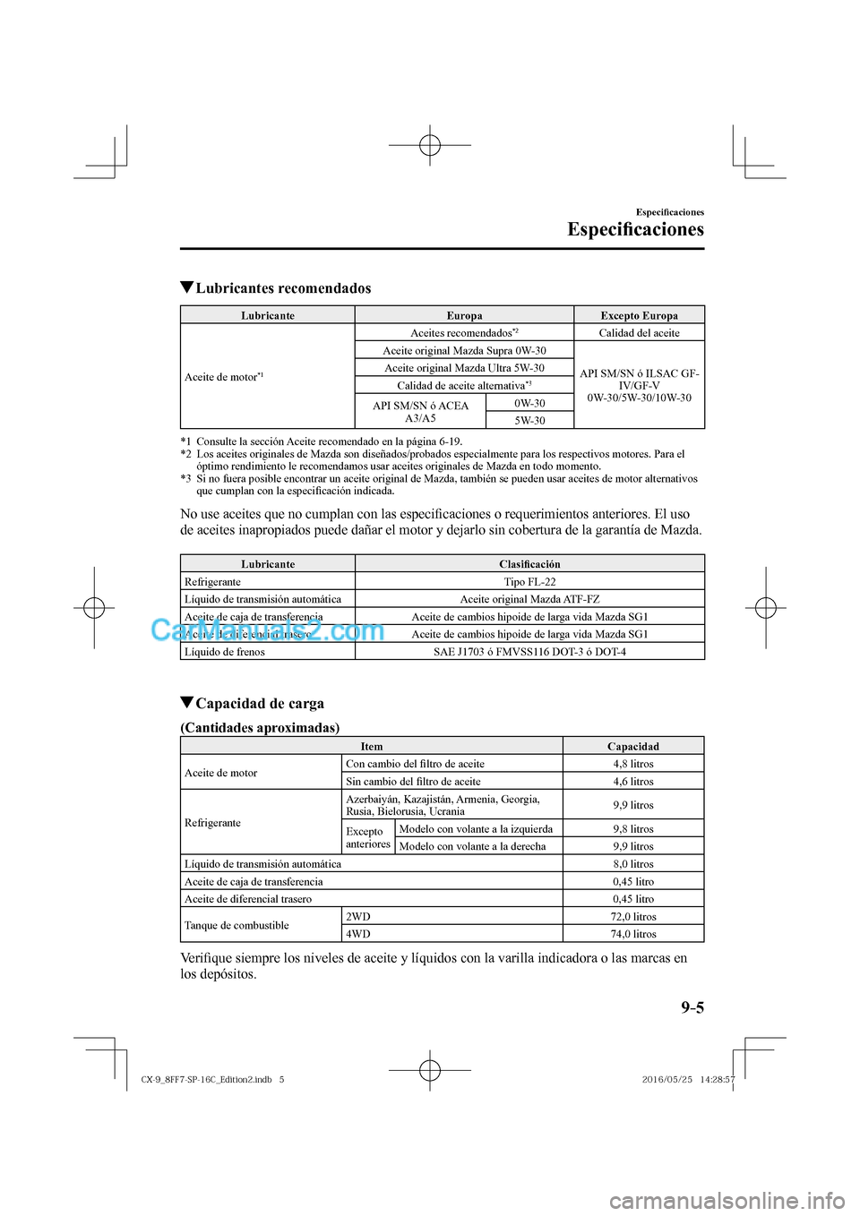 MAZDA MODEL CX-9 2017  Manual del propietario (in Spanish)  9–5
Especi�¿ caciones
Especi�¿ caciones
          Lubricantes  recomendados
 Lubricante   Europa   Excepto  Europa 
 Aceite de motor 
*1   Aceites  recomendados 
*2    Calidad  del  aceite 
 Aceit