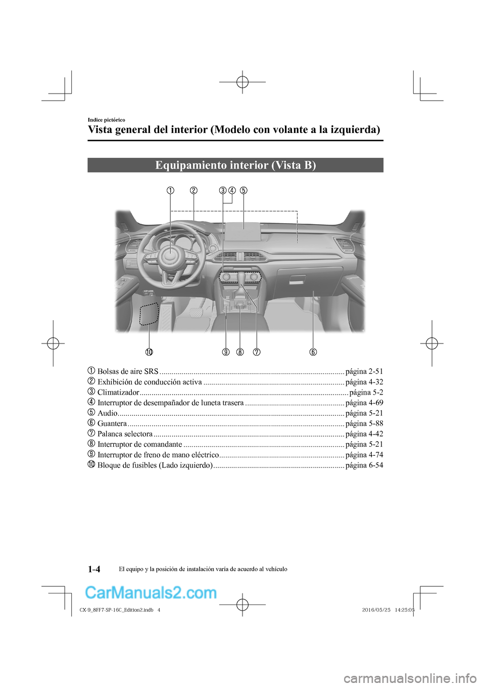 MAZDA MODEL CX-9 2017  Manual del propietario (in Spanish)  1–4
Indice pictórico
Vista general del interior (Modelo con volante a la izquierda)
 Equipamiento interior (Vista B)
    
���
  Bolsas de aire SRS ...............................................