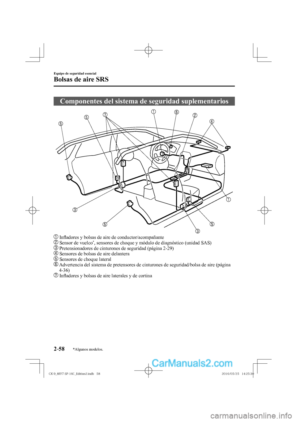 MAZDA MODEL CX-9 2017  Manual del propietario (in Spanish)  2–58
Equipo de seguridad esencial
Bolsas de aire SRS
*Algunos modelos.
 Componentes del sistema de seguridad suplementarios
            
   
   In�À adores y bolsas de aire de conductor/acompañant
