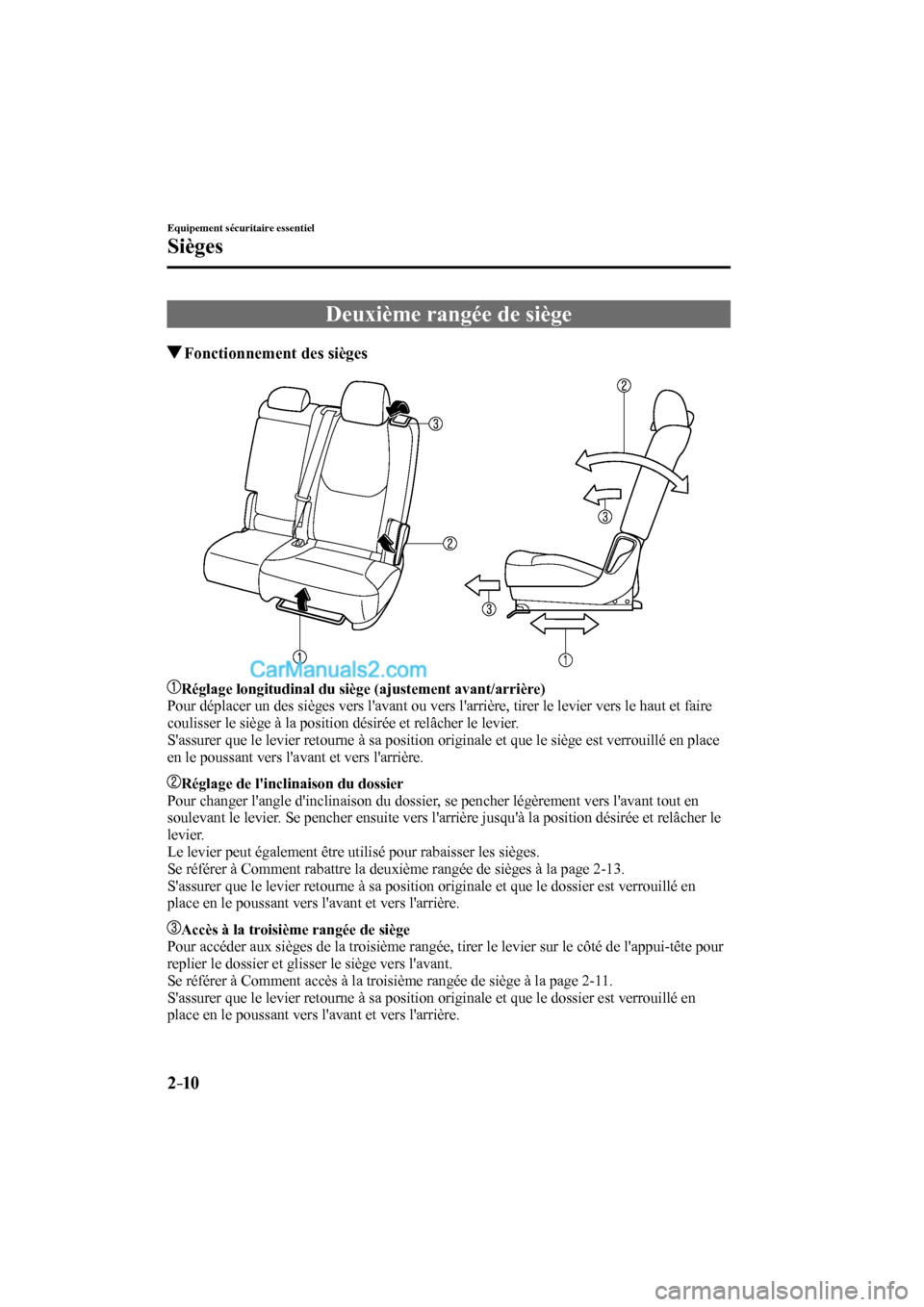 MAZDA MODEL CX-9 2017  Manuel du propriétaire (in French) 2–10
Equipement sécuritaire essentiel
Sièges
 Deuxième rangée de siège
                 Fonctionnement des sièges
    
   
   Réglage longitudinal du siège (ajustement avant/arrière) 
  Pou