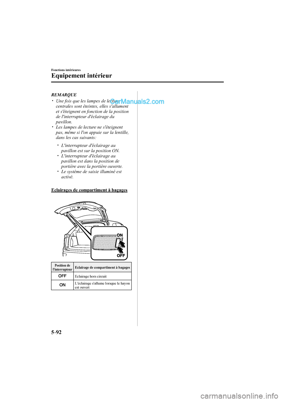 MAZDA MODEL CX-9 2017 Manuel du propriétaire (in French) 5–92
Fonctions intérieures
Equipement intérieur
REMARQUE
Une fois que les lampes de lecture
centrales sont éteintes, elles sallument
et séteignent en fonction d MAZDA MODEL CX-9 2017 Manuel du propriétaire (in French) 5–92
Fonctions intérieures
Equipement intérieur
REMARQUE
Une fois que les lampes de lecture
centrales sont éteintes, elles sallument
et séteignent en fonction d