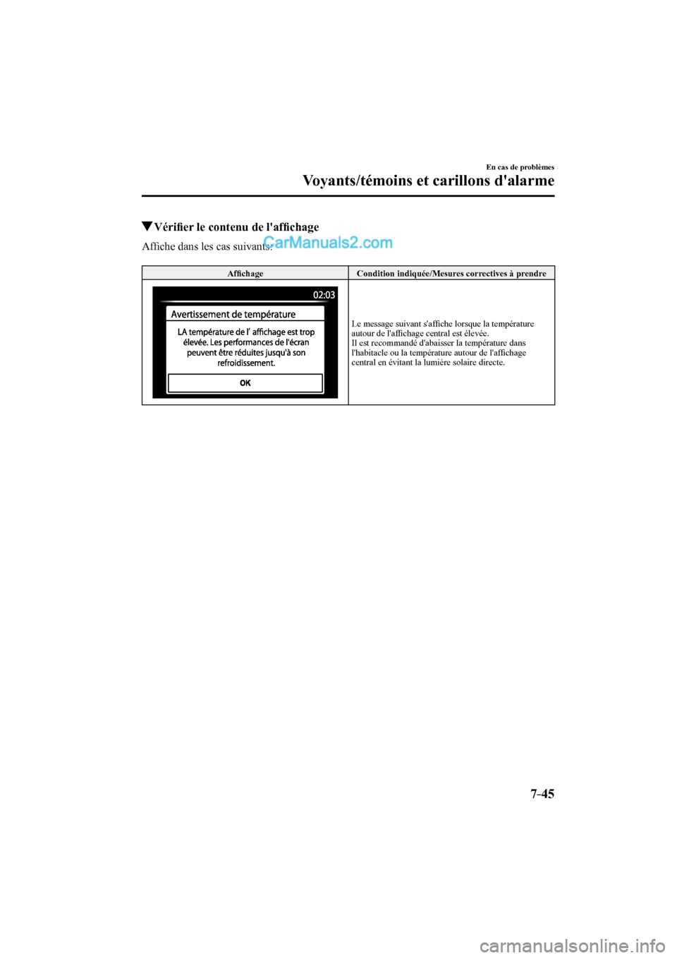 MAZDA MODEL CX-9 2017 Manuel du propriétaire (in French) 7–45
En cas de problèmes
Voyants/témoins et carillons dalarme
Vérifi er le contenu de laffi chage
A ffi che dans les cas suivants:
Affi chage Condition indiquée/Mesures MAZDA MODEL CX-9 2017 Manuel du propriétaire (in French) 7–45
En cas de problèmes
Voyants/témoins et carillons dalarme
Vérifi er le contenu de laffi chage
A ffi che dans les cas suivants:
Affi chage Condition indiquée/Mesures