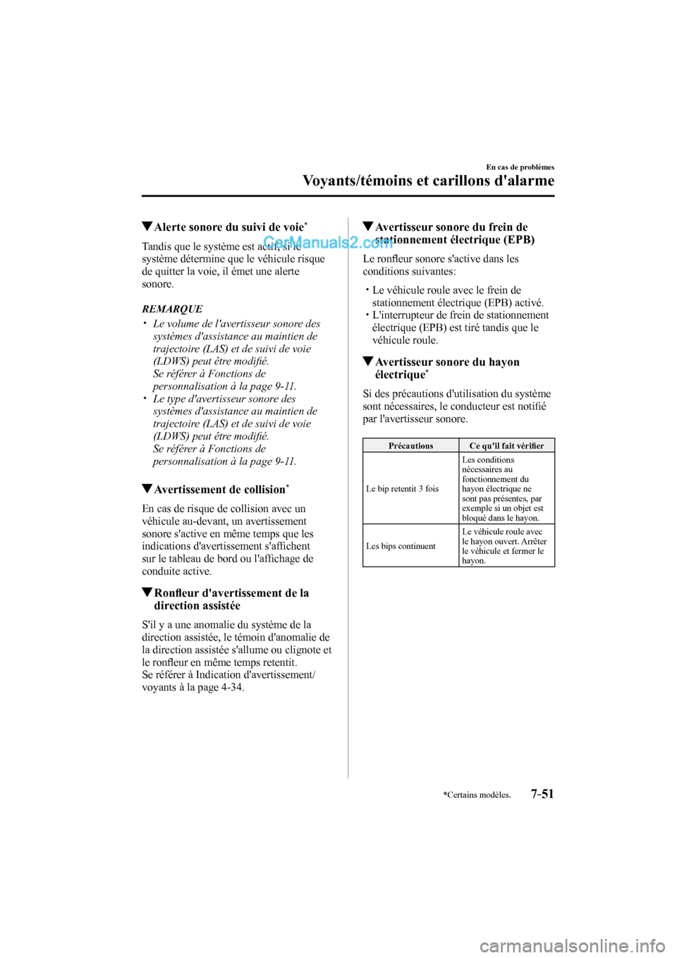 MAZDA MODEL CX-9 2017  Manuel du propriétaire (in French) 7–51
En cas de problèmes
Voyants/témoins et carillons dalarme
*Certains modèles.
          Alerte sonore du suivi de voie * 
              Tandis  que  le  système  est  actif,  si  le 
systèm