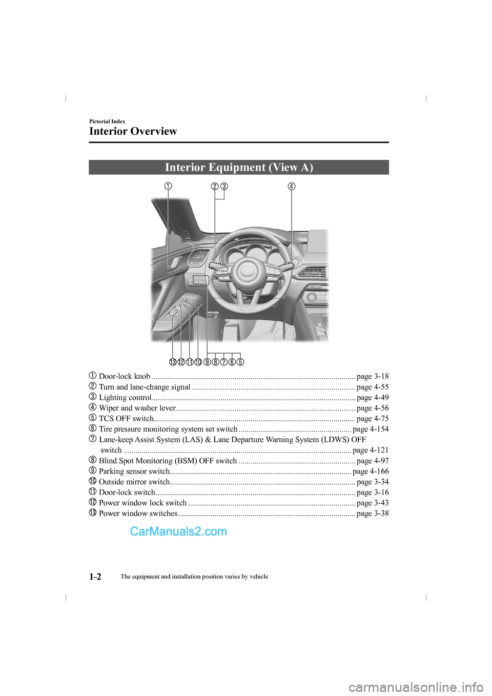 MAZDA MODEL CX-9 2016  Owners Manual (in English) 1–2
Pictorial Index
Interior Overview
      Interior  Equipment  (View  A)
    
���
  Door-lock knob ..............................................................................................