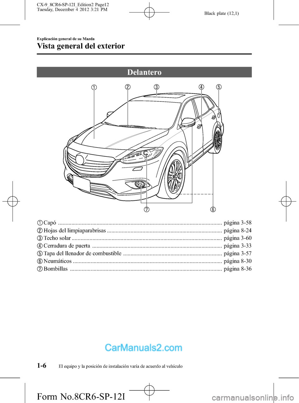 MAZDA MODEL CX-9 2016 Manual del propietario (in Spanish) Black plate (12,1)
Delantero
Capó ............................................................................................................... página 3-58
Hojas del limpiaparabrisas ............. MAZDA MODEL CX-9 2016 Manual del propietario (in Spanish) Black plate (12,1)
Delantero
Capó ............................................................................................................... página 3-58
Hojas del limpiaparabrisas .............