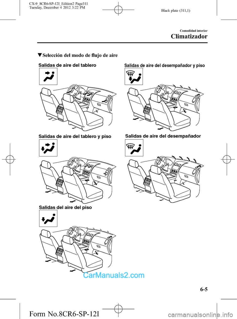 MAZDA MODEL CX-9 2016  Manual del propietario (in Spanish)  Black plate (311,1)
qSelección del modo de flujo de aire
Salidas de aire del tablero
Salidas de aire del tablero y piso
Salidas del aire del piso
Salidas de aire del desempañador y piso
Salidas de a