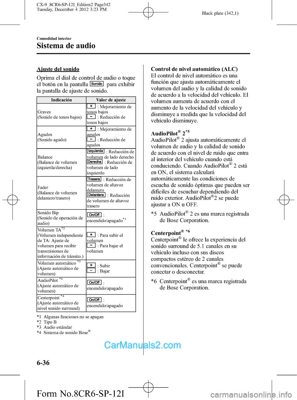 MAZDA MODEL CX-9 2016 Manual del propietario (in Spanish) Black plate (342,1)
Ajuste del sonido
Oprima el dial de control de audio o toque
el botón en la pantalla
para exhibir
la pantalla de ajuste de sonido.
Indicación Valor de ajuste
Graves
(Sonido de to MAZDA MODEL CX-9 2016 Manual del propietario (in Spanish) Black plate (342,1)
Ajuste del sonido
Oprima el dial de control de audio o toque
el botón en la pantalla
para exhibir
la pantalla de ajuste de sonido.
Indicación Valor de ajuste
Graves
(Sonido de to