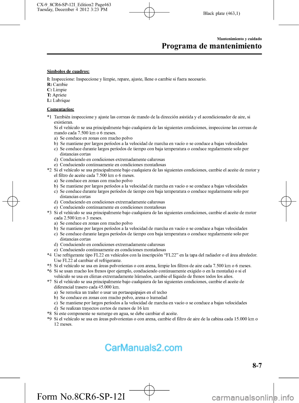 MAZDA MODEL CX-9 2016 Manual del propietario (in Spanish) Black plate (463,1)
Símbolos de cuadros:
I:Inspeccione: Inspeccione y limpie, repare, ajuste, llene o cambie si fuera necesario.
R:Cambie
C:Limpie
T:Apriete
L:Lubrique
Comentarios:
*1 También inspec MAZDA MODEL CX-9 2016 Manual del propietario (in Spanish) Black plate (463,1)
Símbolos de cuadros:
I:Inspeccione: Inspeccione y limpie, repare, ajuste, llene o cambie si fuera necesario.
R:Cambie
C:Limpie
T:Apriete
L:Lubrique
Comentarios:
*1 También inspec