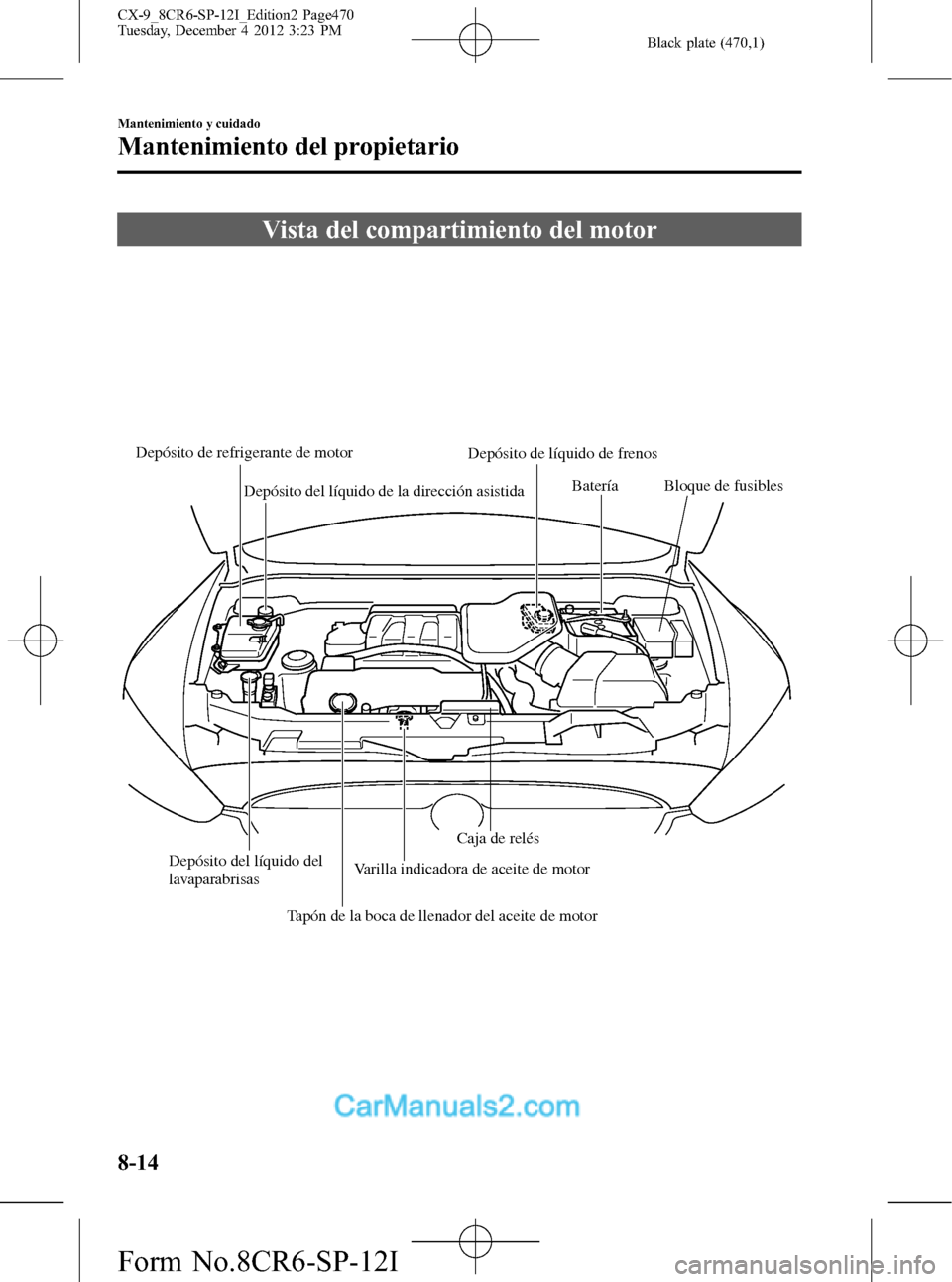 MAZDA MODEL CX-9 2016 Manual del propietario (in Spanish) Black plate (470,1)
Vista del compartimiento del motor
Depósito de refrigerante de motor
Depósito de líquido de frenos
Batería
Bloque de fusibles
Depósito del líquido del
lavaparabrisas
Tapón MAZDA MODEL CX-9 2016 Manual del propietario (in Spanish) Black plate (470,1)
Vista del compartimiento del motor
Depósito de refrigerante de motor
Depósito de líquido de frenos
Batería
Bloque de fusibles
Depósito del líquido del
lavaparabrisas
Tapón