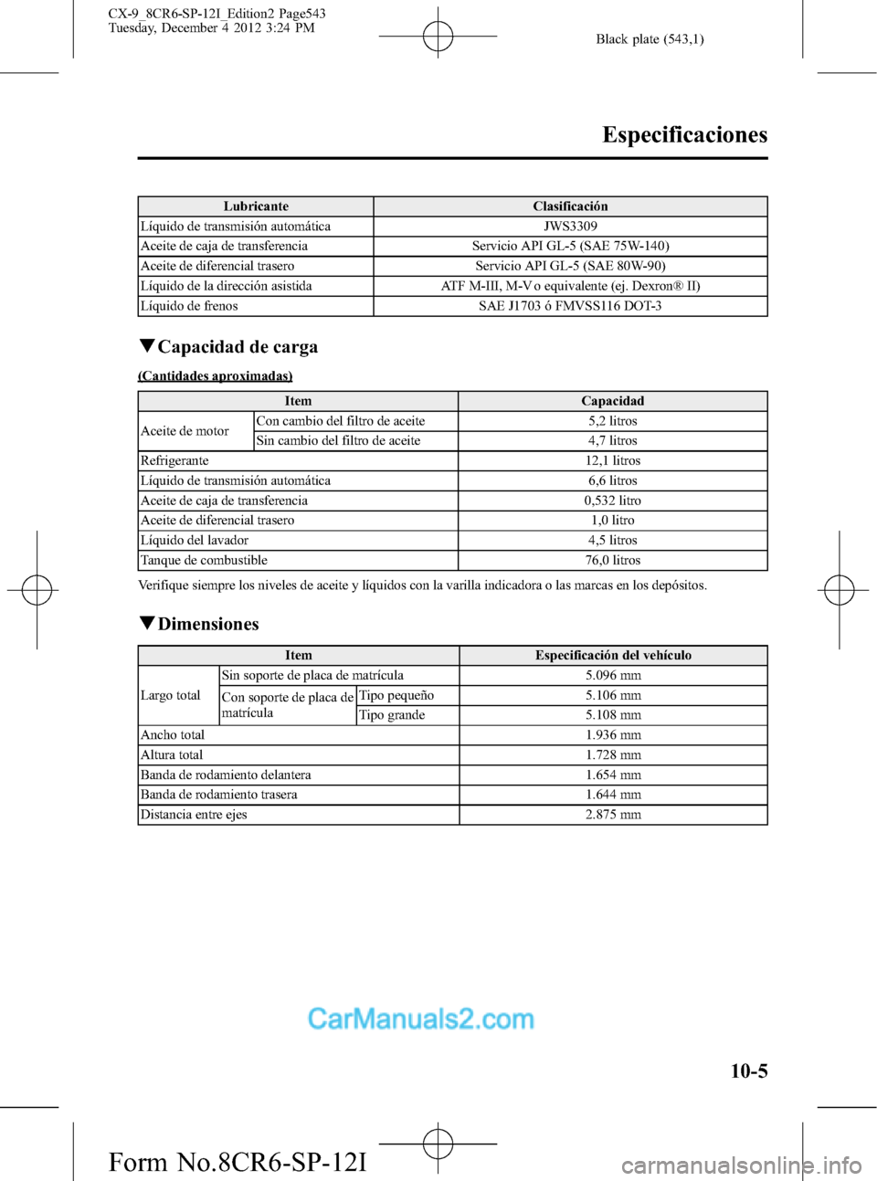 MAZDA MODEL CX-9 2016 Manual del propietario (in Spanish) Black plate (543,1)
Lubricante Clasificación
Líquido de transmisión automática JWS3309
Aceite de caja de transferencia Servicio API GL-5 (SAE 75W-140)
Aceite de diferencial trasero Servicio API GL MAZDA MODEL CX-9 2016 Manual del propietario (in Spanish) Black plate (543,1)
Lubricante Clasificación
Líquido de transmisión automática JWS3309
Aceite de caja de transferencia Servicio API GL-5 (SAE 75W-140)
Aceite de diferencial trasero Servicio API GL