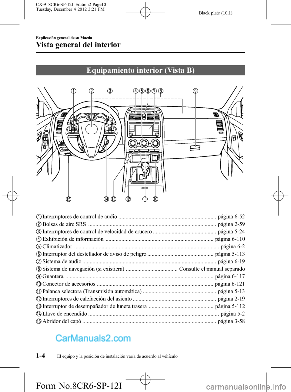 MAZDA MODEL CX-9 2016  Manual del propietario (in Spanish)  Black plate (10,1)
Equipamiento interior (Vista B)
Interruptores de control de audio .................................................................... página 6-52
Bolsas de aire SRS ..............