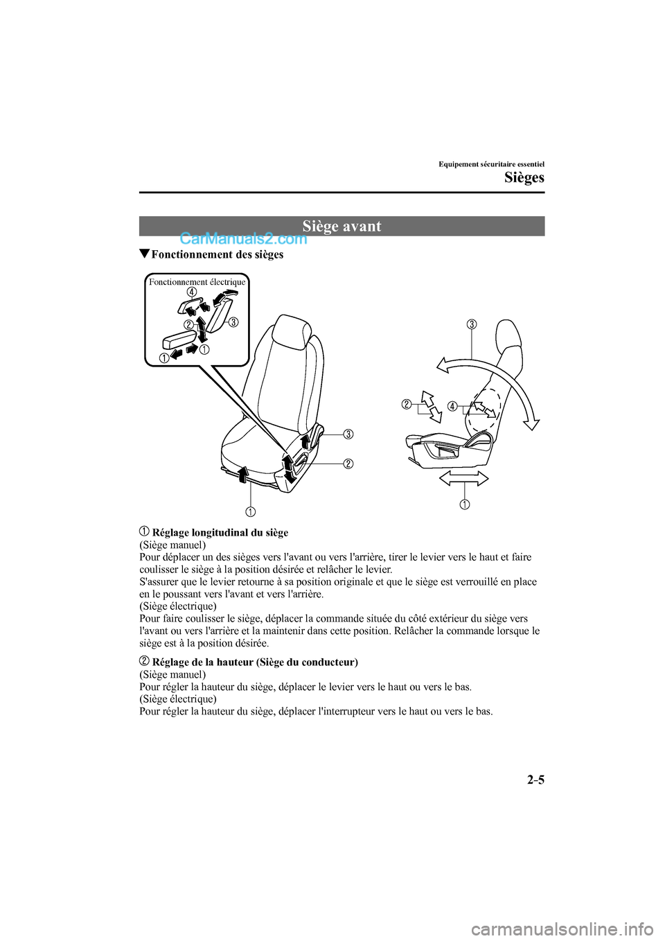 MAZDA MODEL CX-9 2016  Manuel du propriétaire (in French) 2–5
Equipement sécuritaire essentiel
Sièges
 Siège  avant
                   Fonctionnement des sièges
   
Fonctionnement électrique
 
   
    Réglage longitudinal du siège 
  (Siège  manuel