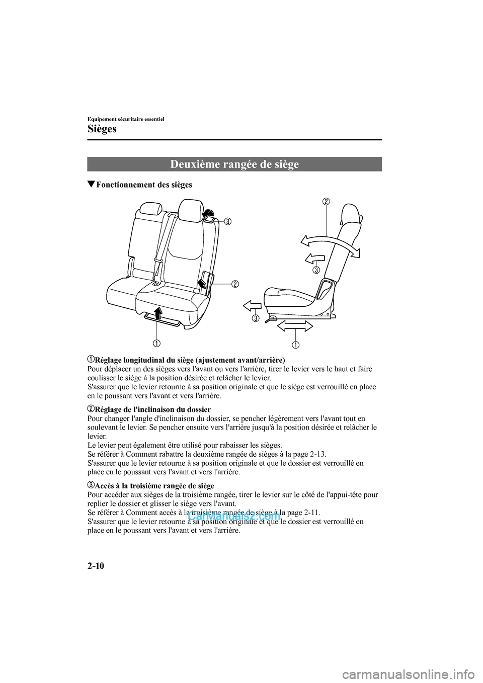 MAZDA MODEL CX-9 2016 Manuel du propriétaire (in French) 2–10
Equipement sécuritaire essentiel
Sièges
Deuxième rangée de siège
Fonctionnement des sièges
Réglage longitudinal du siège (ajustement avant/arrière)
Pou MAZDA MODEL CX-9 2016 Manuel du propriétaire (in French) 2–10
Equipement sécuritaire essentiel
Sièges
Deuxième rangée de siège
Fonctionnement des sièges
Réglage longitudinal du siège (ajustement avant/arrière)
Pou