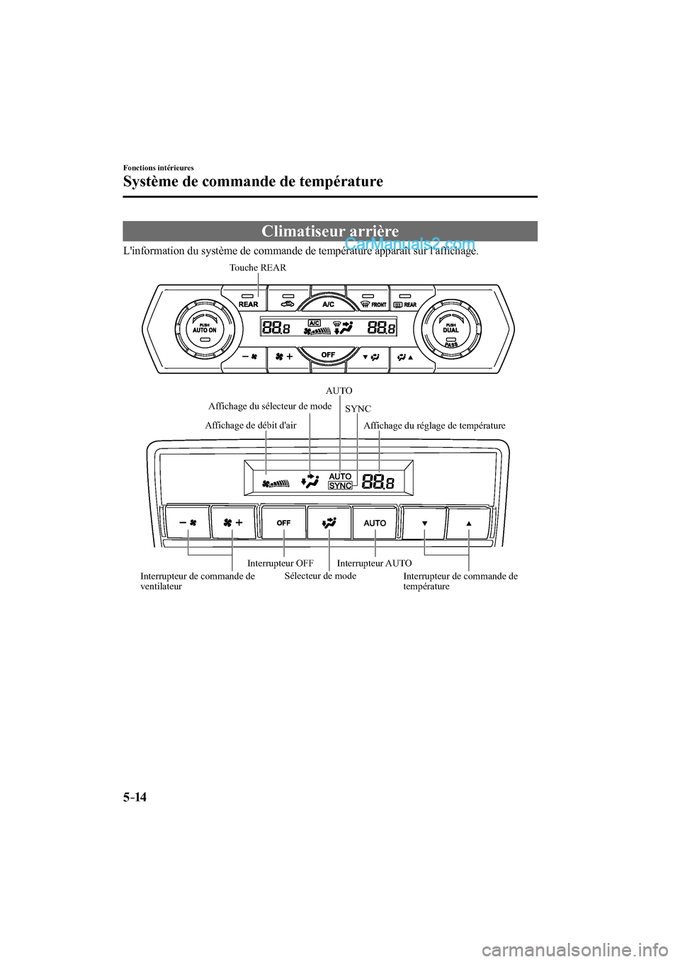 MAZDA MODEL CX-9 2016  Manuel du propriétaire (in French) 5–14
Fonctions intérieures
Système de commande de température
 Climatiseur  arrière
            Linformation  du  système  de  commande  de  température  apparaît  sur  lafﬁ chage.
 
Sél