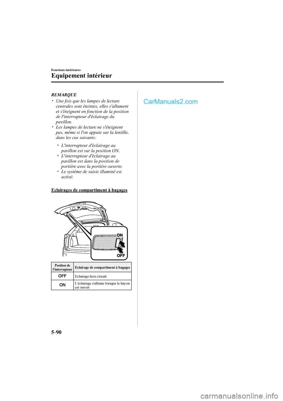 MAZDA MODEL CX-9 2016  Manuel du propriétaire (in French) 5–90
Fonctions intérieures
Equipement intérieur
   REMARQUE
 


  Une fois que les lampes de lecture 
centrales sont éteintes, elles sallument 
et séteignent en fonction d