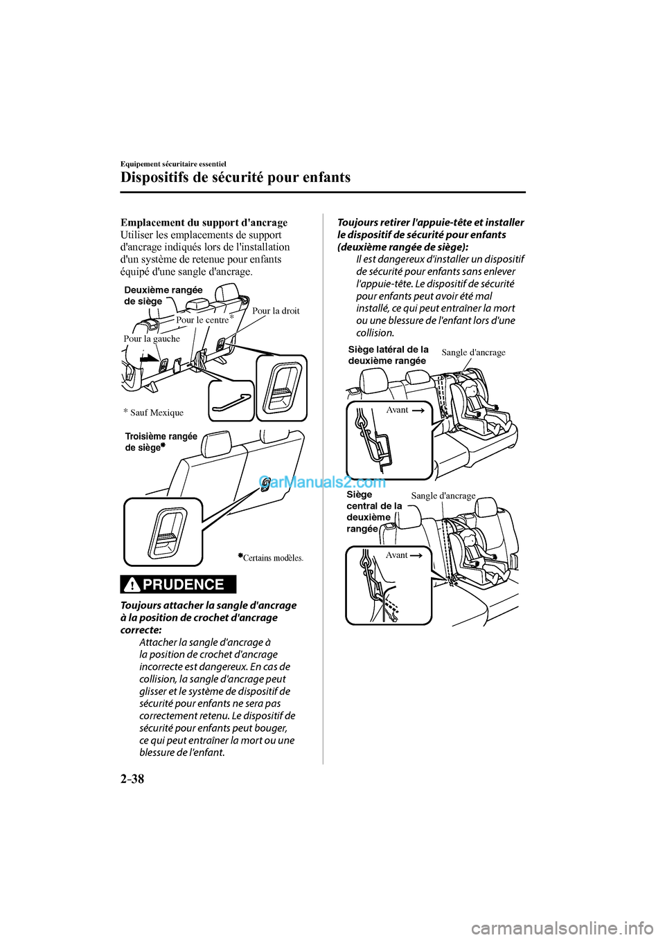 MAZDA MODEL CX-9 2016  Manuel du propriétaire (in French) 2–38
Equipement sécuritaire essentiel
Dispositifs de sécurité pour enfants
    Emplacement du support dancrage 
  Utiliser les emplacements de support 
dancrage indiqués lors de linstallation
