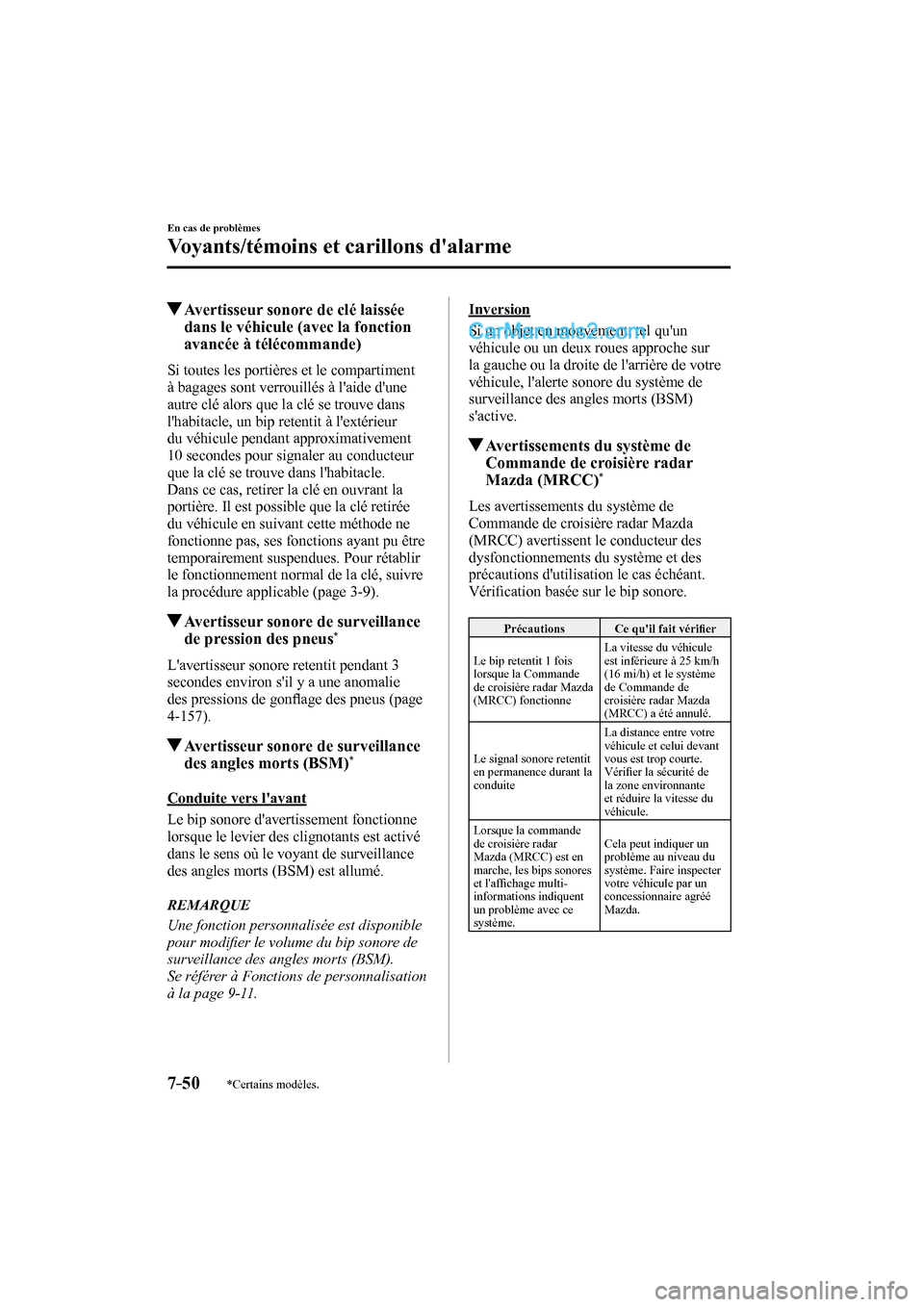 MAZDA MODEL CX-9 2016 Manuel du propriétaire (in French) 7–50
En cas de problèmes
Voyants/témoins et carillons dalarme
*Certains modèles.
Avertisseur sonore de clé laissée
dans le véhicule (avec la fonction
avancée à télécommande)
MAZDA MODEL CX-9 2016 Manuel du propriétaire (in French) 7–50
En cas de problèmes
Voyants/témoins et carillons dalarme
*Certains modèles.
Avertisseur sonore de clé laissée
dans le véhicule (avec la fonction
avancée à télécommande)