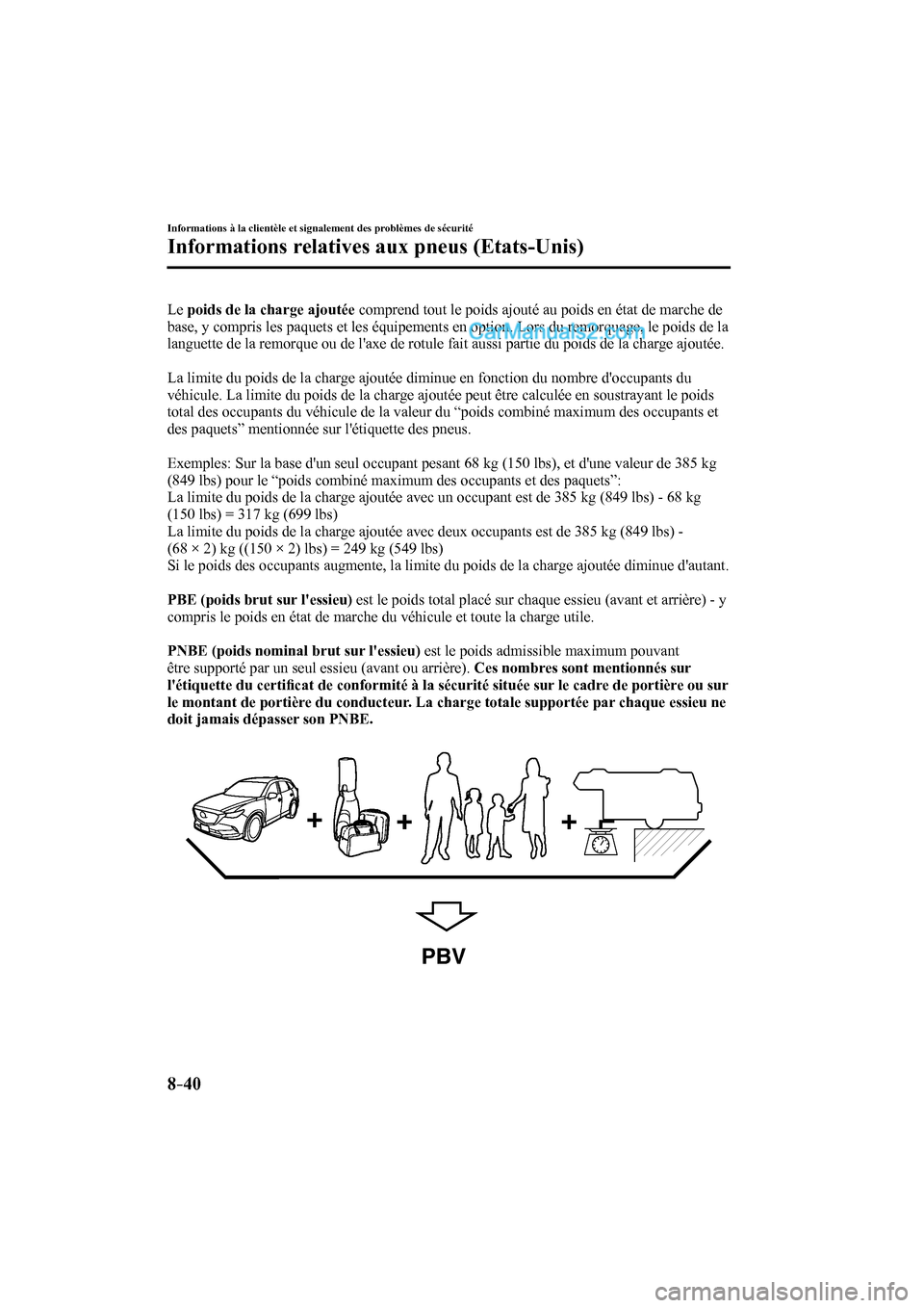 MAZDA MODEL CX-9 2016  Manuel du propriétaire (in French) 8–40
Informations à la clientèle et signalement des problèmes de sécurité
Informations relatives aux pneus (Etats-Unis)
  Le   poids de la charge ajoutée  comprend tout le poids ajouté au poi