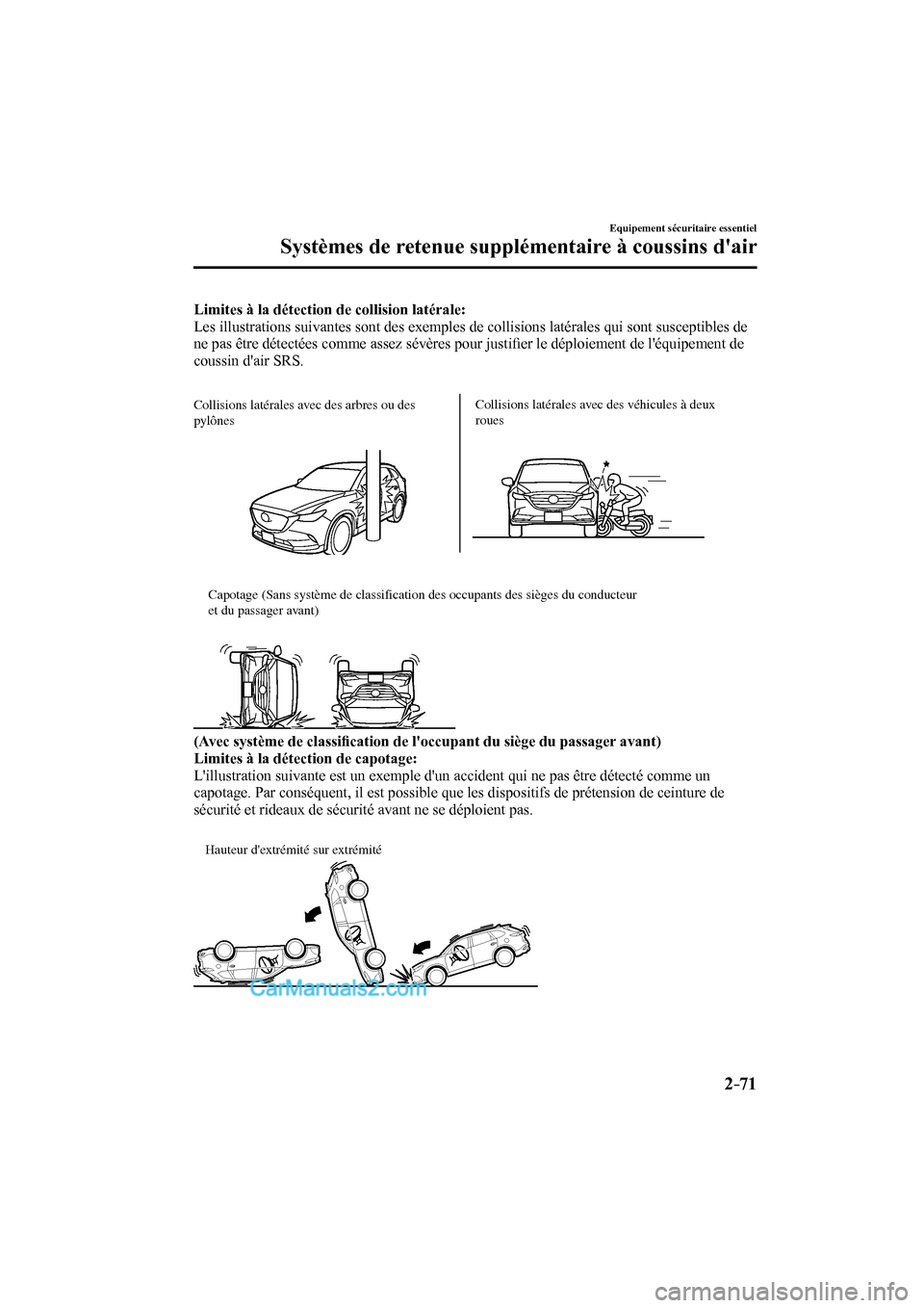 MAZDA MODEL CX-9 2016 Manuel du propriétaire (in French) 2–71
Equipement sécuritaire essentiel
Systèmes de retenue supplémentaire à coussins dair
Limites à la détection de collision latérale:
Les illustrations suivantes sont des exemples de MAZDA MODEL CX-9 2016 Manuel du propriétaire (in French) 2–71
Equipement sécuritaire essentiel
Systèmes de retenue supplémentaire à coussins dair
Limites à la détection de collision latérale:
Les illustrations suivantes sont des exemples de