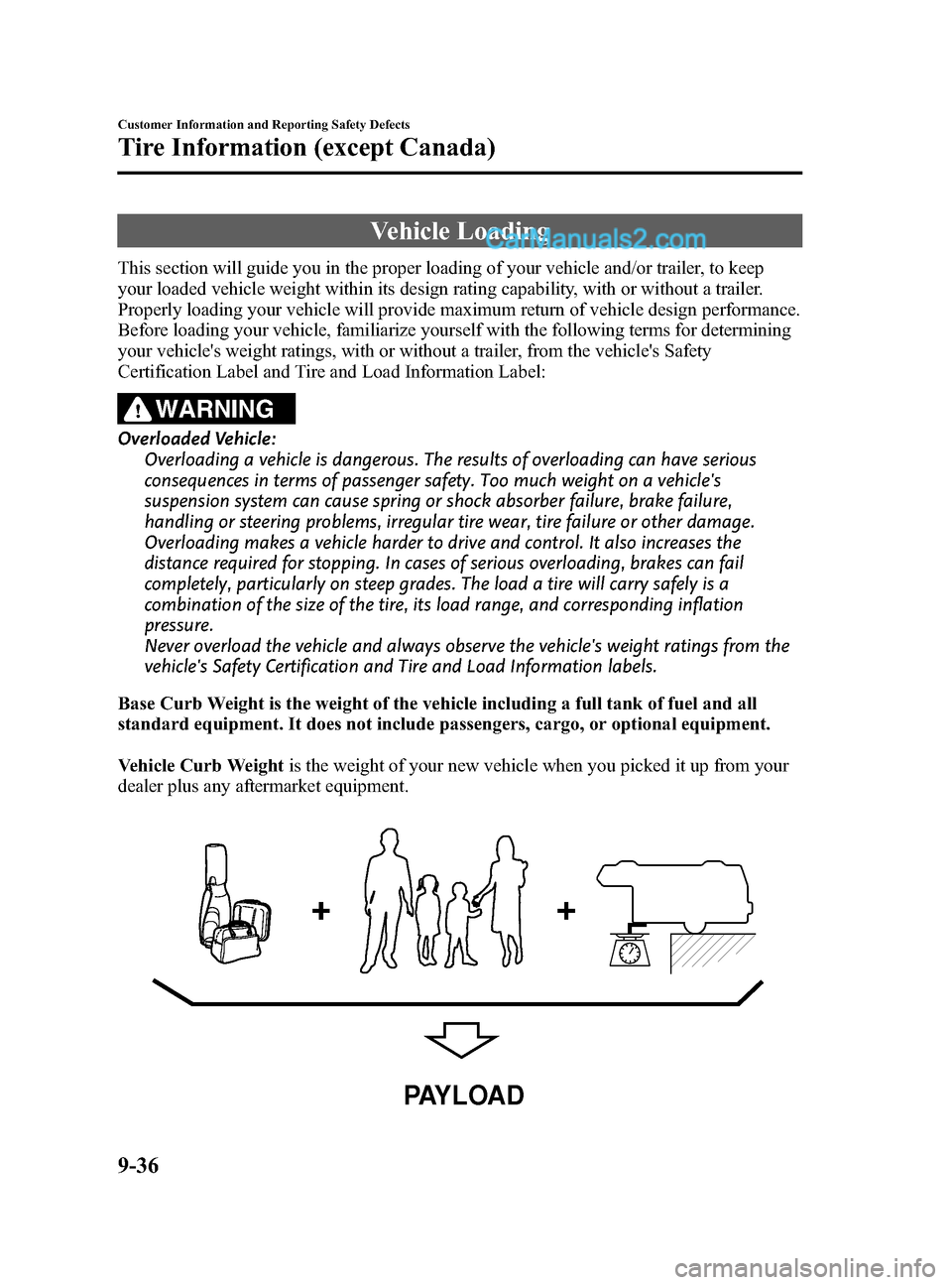 MAZDA MODEL CX-9 2015 (in English) User Guide Black plate (576,1)
Vehicle Loading
This section will guide you in the proper loading of your vehicle and/or trailer, to keep
your loaded vehicle weight within its design rating capability, with or wi MAZDA MODEL CX-9 2015 (in English) User Guide Black plate (576,1)
Vehicle Loading
This section will guide you in the proper loading of your vehicle and/or trailer, to keep
your loaded vehicle weight within its design rating capability, with or wi