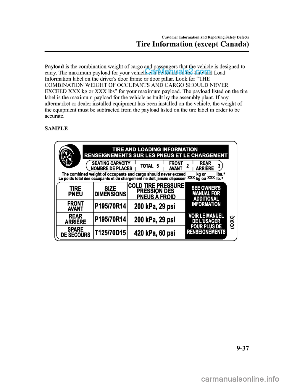 MAZDA MODEL CX-9 2015 (in English) Service Manual Black plate (577,1)
Payloadis the combination weight of cargo and passengers that the vehicle is designed to
carry. The maximum payload for your vehicle can be found on the Tire and Load
Information l MAZDA MODEL CX-9 2015 (in English) Service Manual Black plate (577,1)
Payloadis the combination weight of cargo and passengers that the vehicle is designed to
carry. The maximum payload for your vehicle can be found on the Tire and Load
Information l