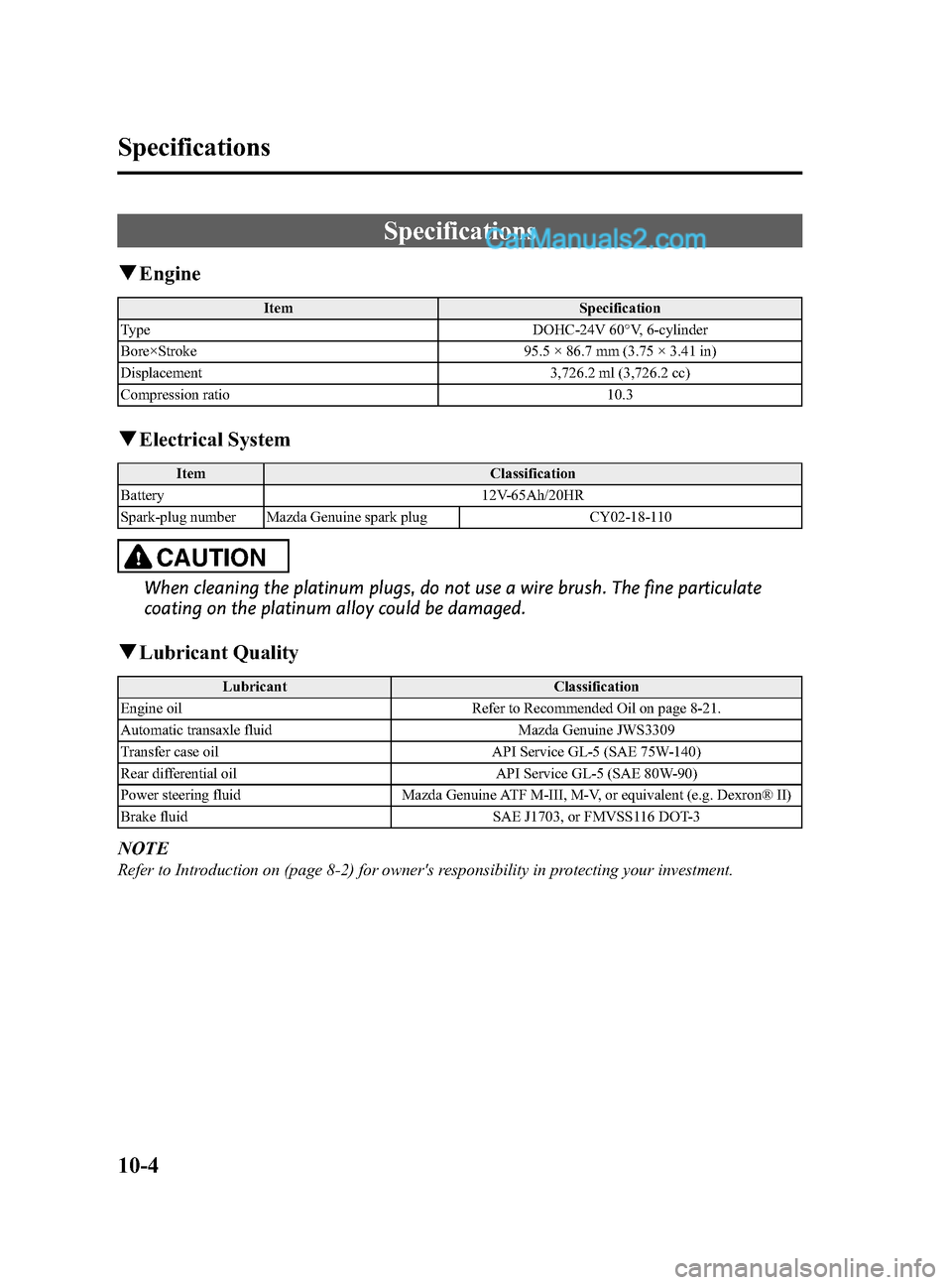 MAZDA MODEL CX-9 2015  Owners Manual (in English) Black plate (592,1)
Specifications
qEngine
Item Specification
Type DOHC-24V 60°V, 6-cylinder
Bore×Stroke 95.5 × 86.7 mm (3.75 × 3.41 in)
Displacement 3,726.2 ml (3,726.2 cc)
Compression ratio 10.3