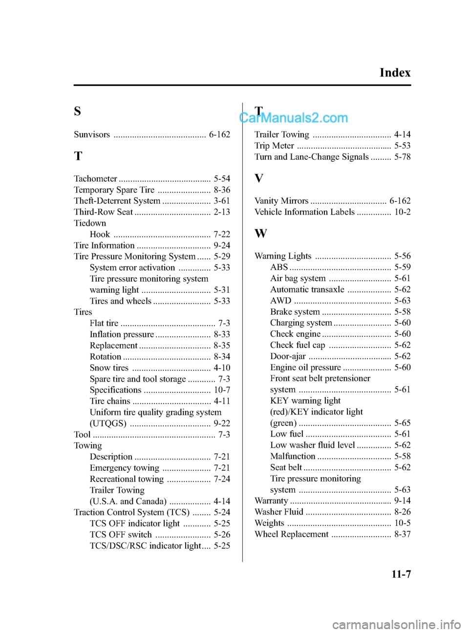 MAZDA MODEL CX-9 2015  Owners Manual (in English) Black plate (603,1)
S
Sunvisors ........................................ 6-162
T
Tachometer ........................................ 5-54
Temporary Spare Tire ....................... 8-36
Theft-Deterr