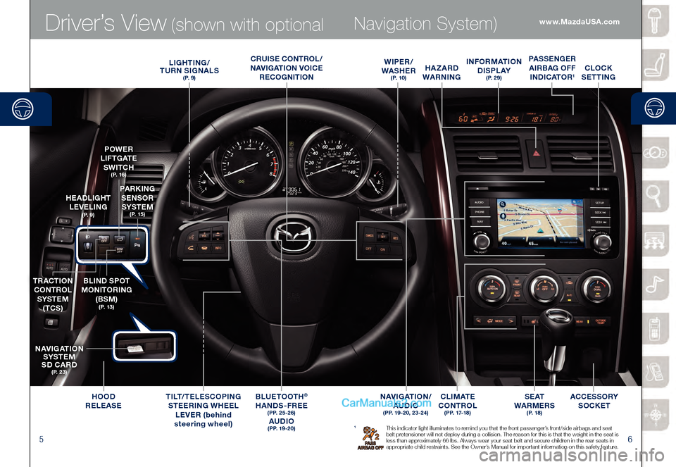 MAZDA MODEL CX-9 2015  Smart Start Guide (in English) 56
Driver’s View (shown with optional Navigation System)
1 This indicator light illuminates to remind you that the front passenger’s front/side airbags and seat 
belt pretensioner will not deploy 