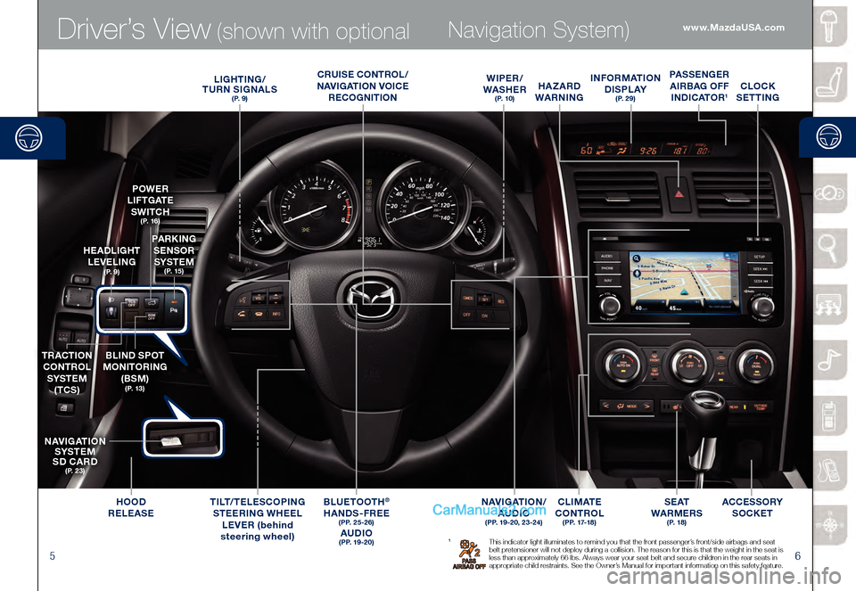 MAZDA MODEL CX-9 2015 Smart Start Guide (in English) 56
Driver’s View (shown with optional Navigation System)
1 This indicator light illuminates to remind you that the front passenger’s front/side airbags and seat
belt pretensioner will not deploy MAZDA MODEL CX-9 2015 Smart Start Guide (in English) 56
Driver’s View (shown with optional Navigation System)
1 This indicator light illuminates to remind you that the front passenger’s front/side airbags and seat
belt pretensioner will not deploy
