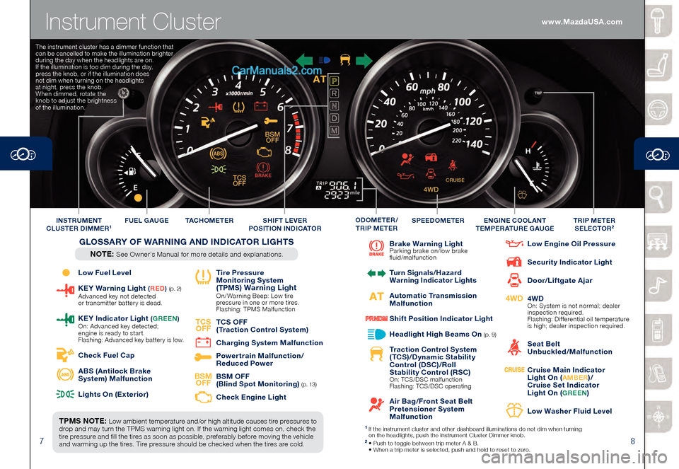 MAZDA MODEL CX-9 2015  Smart Start Guide (in English) 78
Instrument Cluster
 Low Fuel Level
  KEY Warning Light (RED ) (p. 2) Advanced key not detected   
or transmitter batter y is dead.
  KEY Indicator L ight (GREEN ) On: Advanced key detected;   
engi