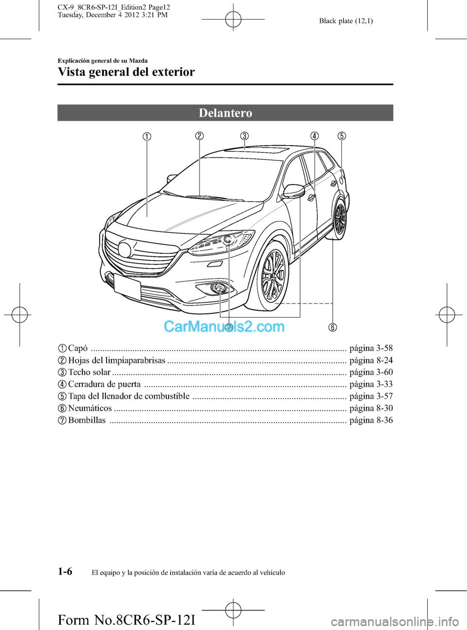 MAZDA MODEL CX-9 2015 Manual del propietario (in Spanish) Black plate (12,1)
Delantero
Capó ............................................................................................................... página 3-58
Hojas del limpiaparabrisas ............. MAZDA MODEL CX-9 2015 Manual del propietario (in Spanish) Black plate (12,1)
Delantero
Capó ............................................................................................................... página 3-58
Hojas del limpiaparabrisas .............