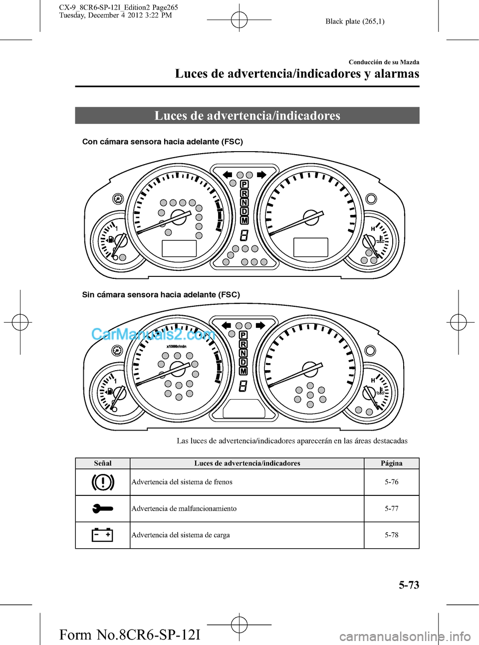 MAZDA MODEL CX-9 2015 Manual del propietario (in Spanish) Black plate (265,1)
Luces de advertencia/indicadores
Sin cámara sensora hacia adelante (FSC) Con cámara sensora hacia adelante (FSC)
Las luces de advertencia/indicadores aparecerán en las áreas de MAZDA MODEL CX-9 2015 Manual del propietario (in Spanish) Black plate (265,1)
Luces de advertencia/indicadores
Sin cámara sensora hacia adelante (FSC) Con cámara sensora hacia adelante (FSC)
Las luces de advertencia/indicadores aparecerán en las áreas de