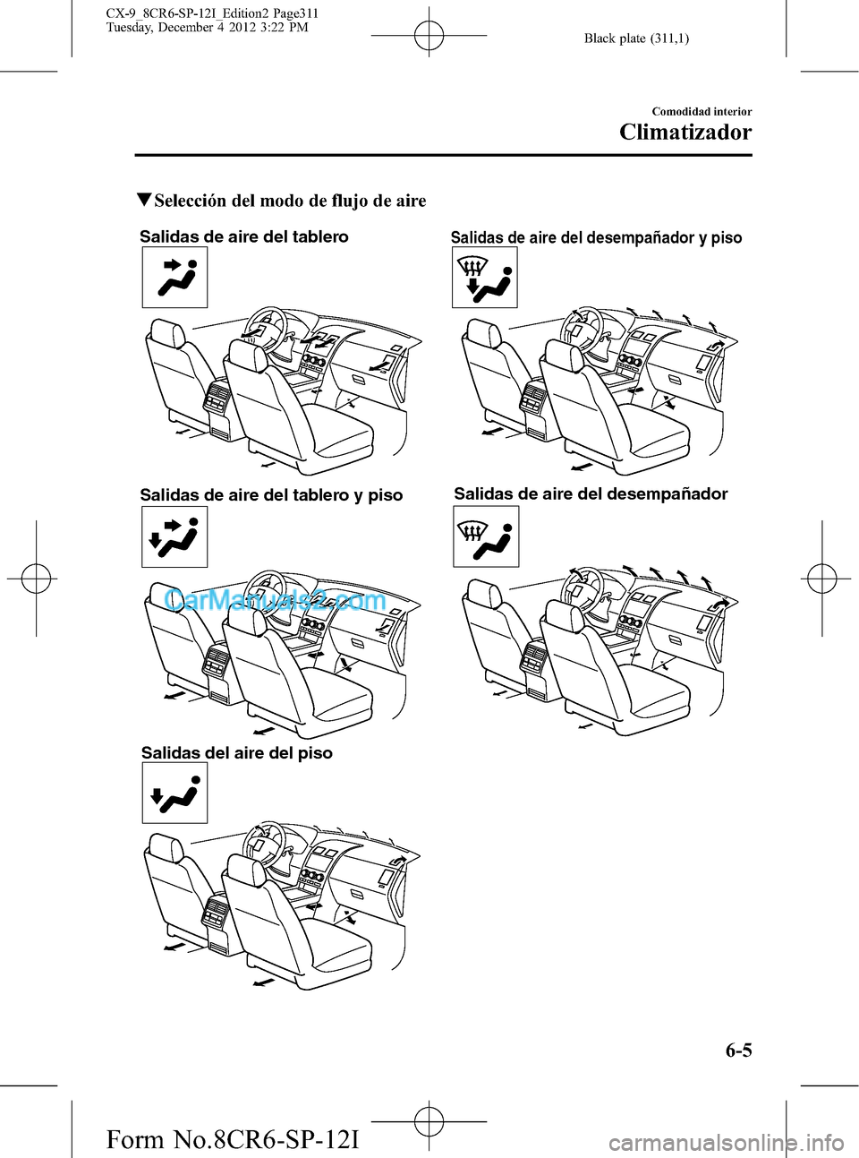 MAZDA MODEL CX-9 2015 Manual del propietario (in Spanish) Black plate (311,1)
qSelección del modo de flujo de aire
Salidas de aire del tablero
Salidas de aire del tablero y piso
Salidas del aire del piso
Salidas de aire del desempañador y piso
Salidas de a MAZDA MODEL CX-9 2015 Manual del propietario (in Spanish) Black plate (311,1)
qSelección del modo de flujo de aire
Salidas de aire del tablero
Salidas de aire del tablero y piso
Salidas del aire del piso
Salidas de aire del desempañador y piso
Salidas de a