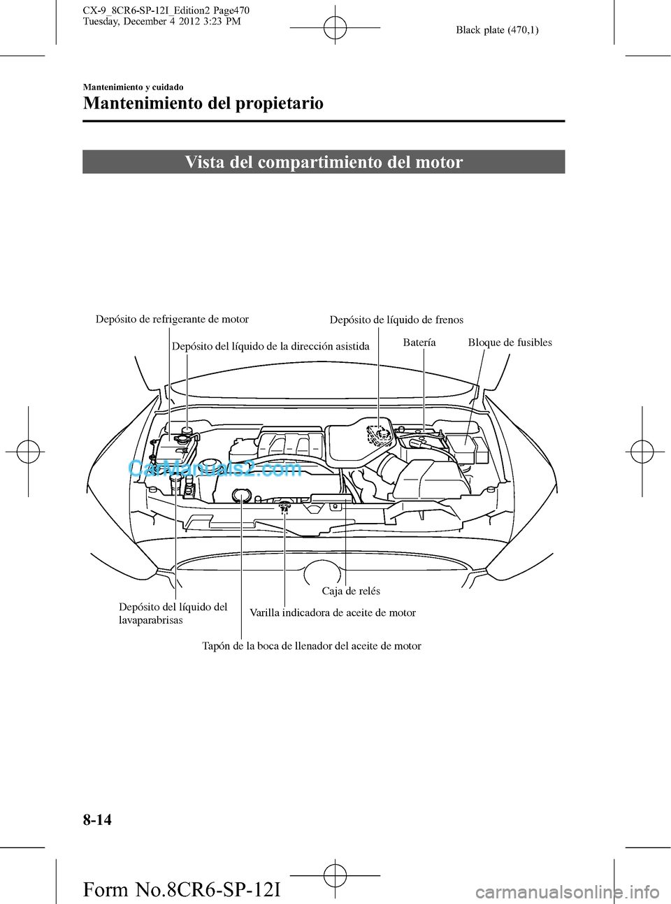 MAZDA MODEL CX-9 2015 Manual del propietario (in Spanish) Black plate (470,1)
Vista del compartimiento del motor
Depósito de refrigerante de motor
Depósito de líquido de frenos
Batería
Bloque de fusibles
Depósito del líquido del
lavaparabrisas
Tapón MAZDA MODEL CX-9 2015 Manual del propietario (in Spanish) Black plate (470,1)
Vista del compartimiento del motor
Depósito de refrigerante de motor
Depósito de líquido de frenos
Batería
Bloque de fusibles
Depósito del líquido del
lavaparabrisas
Tapón