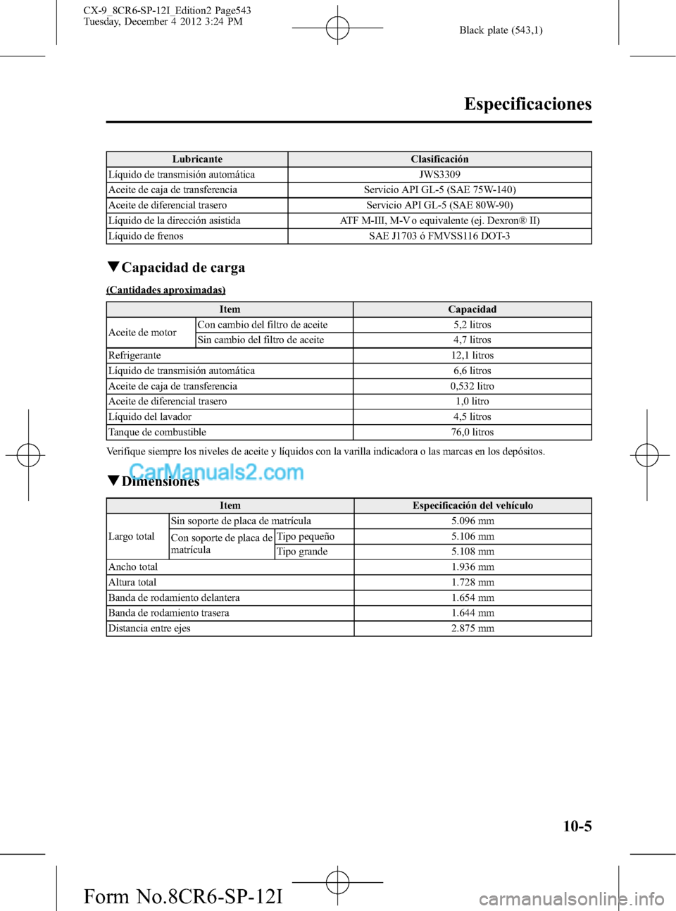 MAZDA MODEL CX-9 2015 Manual del propietario (in Spanish) Black plate (543,1)
Lubricante Clasificación
Líquido de transmisión automática JWS3309
Aceite de caja de transferencia Servicio API GL-5 (SAE 75W-140)
Aceite de diferencial trasero Servicio API GL MAZDA MODEL CX-9 2015 Manual del propietario (in Spanish) Black plate (543,1)
Lubricante Clasificación
Líquido de transmisión automática JWS3309
Aceite de caja de transferencia Servicio API GL-5 (SAE 75W-140)
Aceite de diferencial trasero Servicio API GL