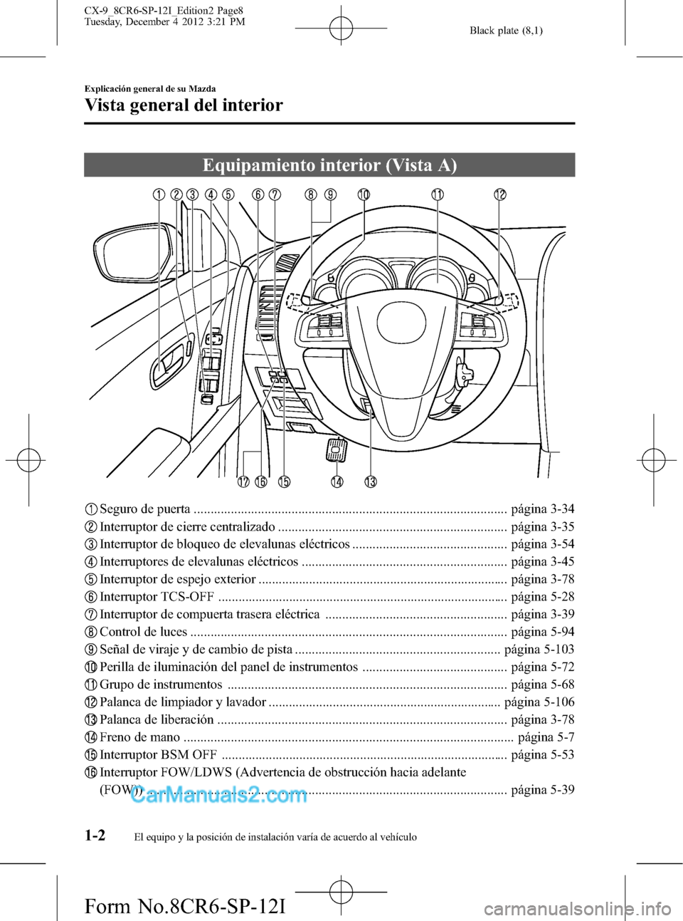 MAZDA MODEL CX-9 2015  Manual del propietario (in Spanish)  Black plate (8,1)
Equipamiento interior (Vista A)
Seguro de puerta ............................................................................................. página 3-34
Interruptor de cierre cent