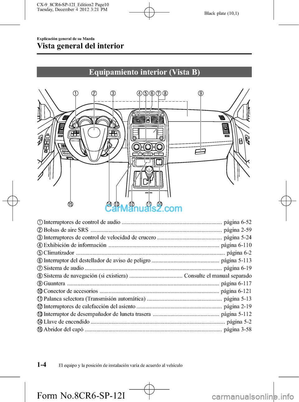 MAZDA MODEL CX-9 2015  Manual del propietario (in Spanish)  Black plate (10,1)
Equipamiento interior (Vista B)
Interruptores de control de audio .................................................................... página 6-52
Bolsas de aire SRS ..............