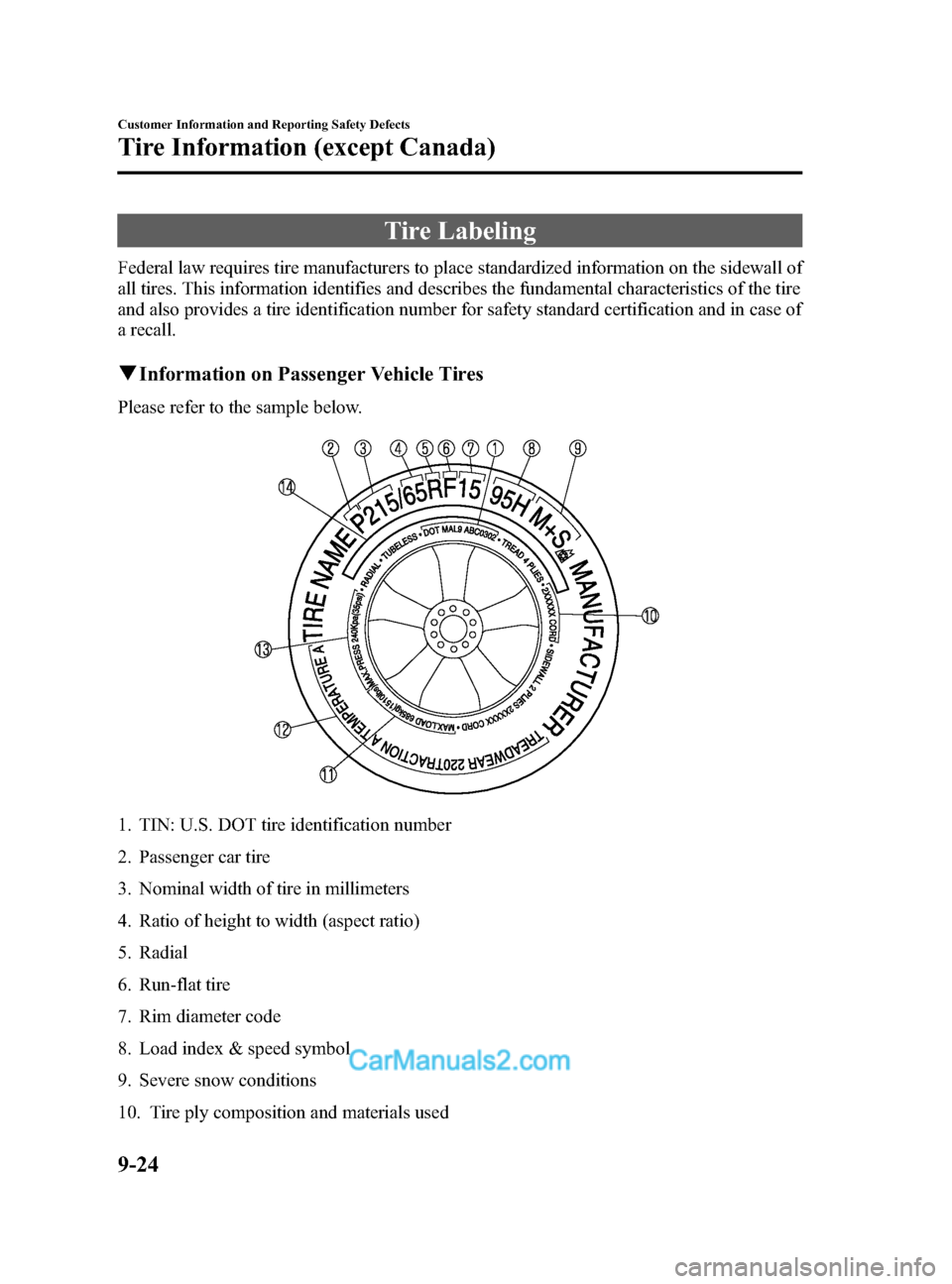 MAZDA MODEL CX-9 2014 Owners Manual (in English) Black plate (560,1)
Tire Labeling
Federal law requires tire manufacturers to place standardized information on the sidewall of
all tires. This information identifies and describes the fundamental char MAZDA MODEL CX-9 2014 Owners Manual (in English) Black plate (560,1)
Tire Labeling
Federal law requires tire manufacturers to place standardized information on the sidewall of
all tires. This information identifies and describes the fundamental char
