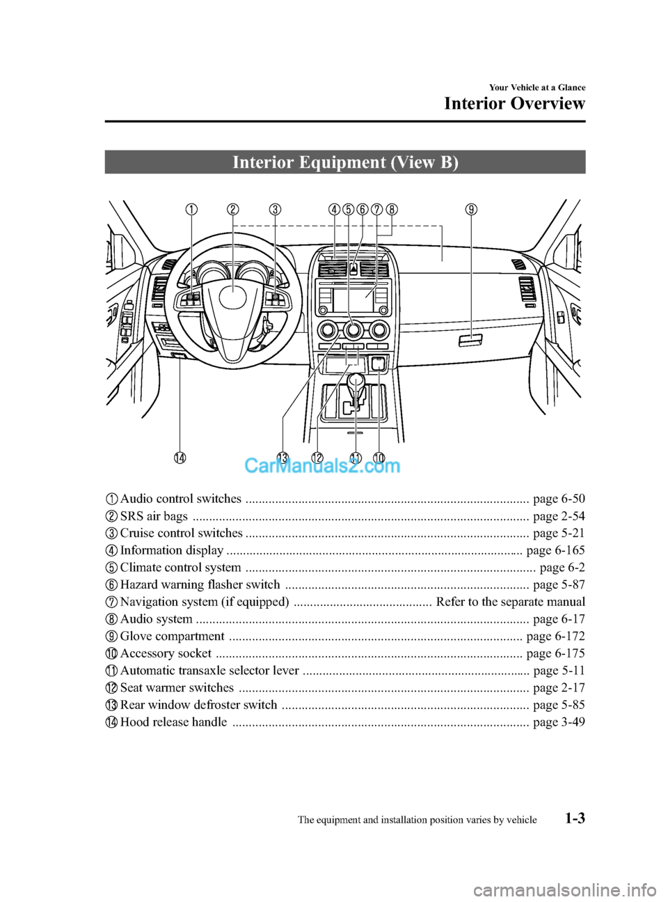 MAZDA MODEL CX-9 2014  Owners Manual (in English) Black plate (9,1)
Interior Equipment (View B)
Audio control switches ...................................................................................... page 6-50
SRS air bags .....................