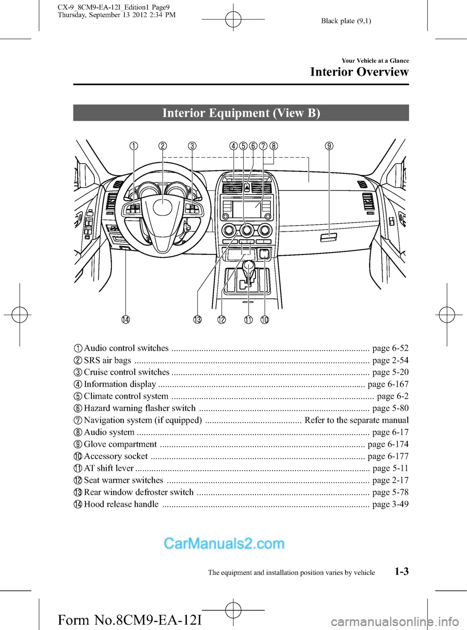 MAZDA MODEL CX-9 2013  Owners Manual (in English) Black plate (9,1)
Interior Equipment (View B)
Audio control switches ...................................................................................... page 6-52
SRS air bags .....................