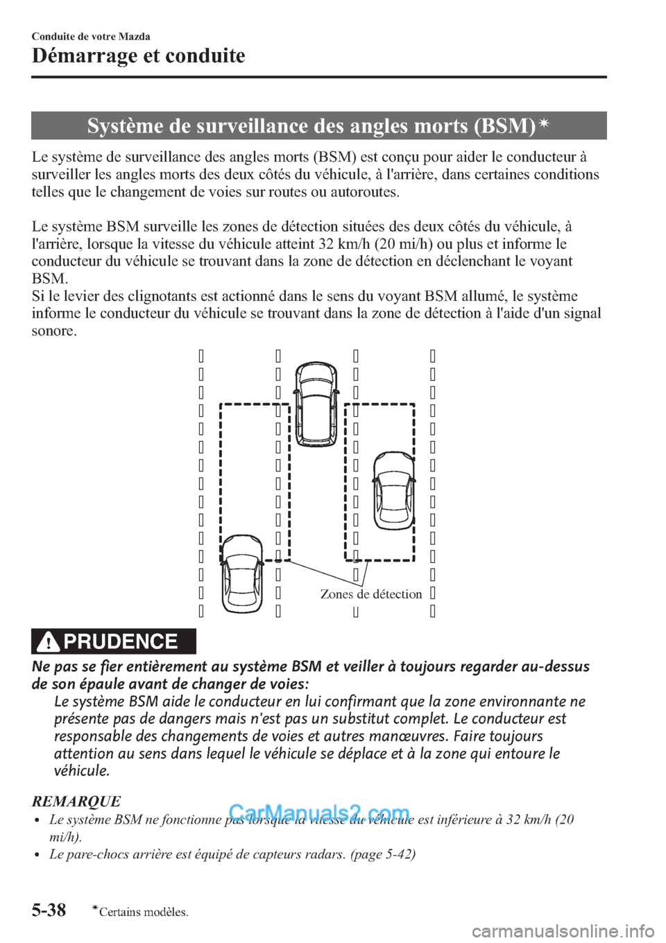 MAZDA MODEL CX-9 2013 Manuel du propriétaire (in French) Système de surveillance des angles morts (BSM)Ã
Le système de surveillance des angles morts (BSM) est conçu pour aider le conducteur Ã
surveiller les angles morts des deux côtés du véhicule, à MAZDA MODEL CX-9 2013 Manuel du propriétaire (in French) Système de surveillance des angles morts (BSM)Ã
Le système de surveillance des angles morts (BSM) est conçu pour aider le conducteur Ã
surveiller les angles morts des deux côtés du véhicule, Ã