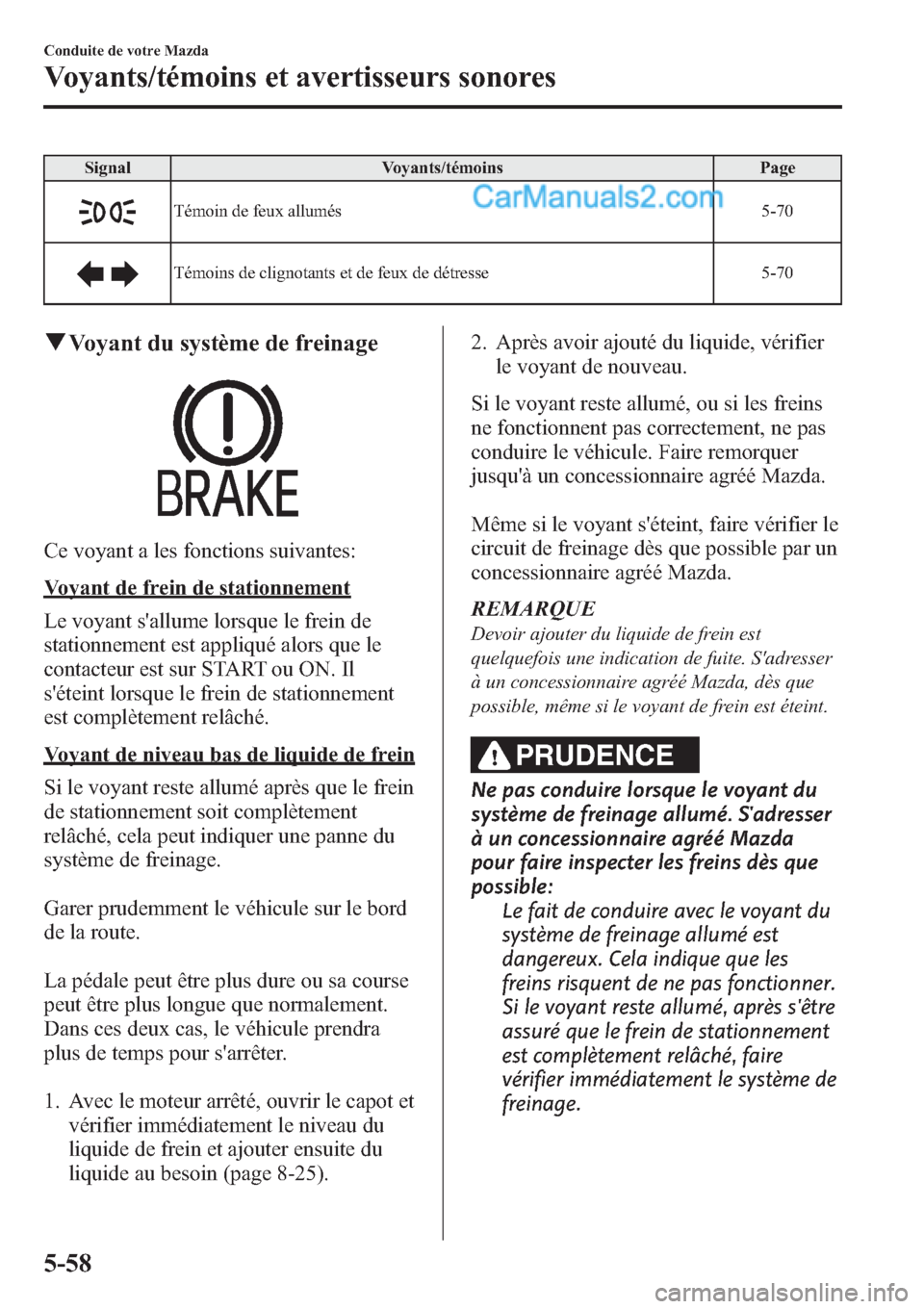 MAZDA MODEL CX-9 2013 Manuel du propriétaire (in French) Signal Voyants/témoins Page
Témoin de feux allumés 5-70
Témoins de clignotants et de feux de détresse 5-70
qVoyant du système de freinage
Ce voyant a les fonctions suivantes:
Voyant de frein de MAZDA MODEL CX-9 2013 Manuel du propriétaire (in French) Signal Voyants/témoins Page
Témoin de feux allumés 5-70
Témoins de clignotants et de feux de détresse 5-70
qVoyant du système de freinage
Ce voyant a les fonctions suivantes:
Voyant de frein de