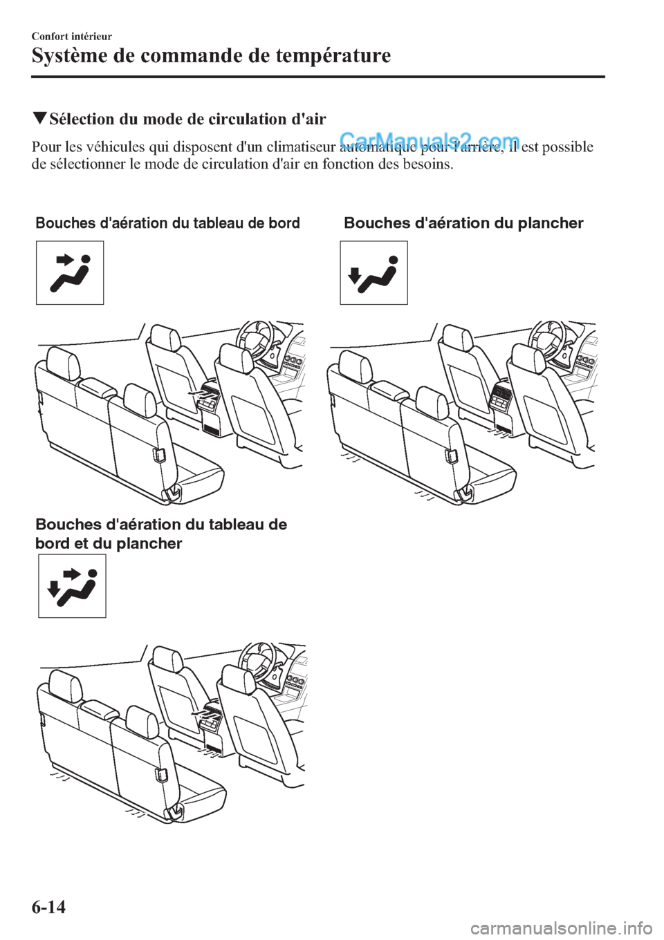 MAZDA MODEL CX-9 2013 Manuel du propriétaire (in French) qSélection du mode de circulation dair
Pour les véhicules qui disposent dun climatiseur automatique pour larrière, il est possible
de sélectionner le mode de circulation dair en fonction des b MAZDA MODEL CX-9 2013 Manuel du propriétaire (in French) qSélection du mode de circulation dair
Pour les véhicules qui disposent dun climatiseur automatique pour larrière, il est possible
de sélectionner le mode de circulation dair en fonction des b
