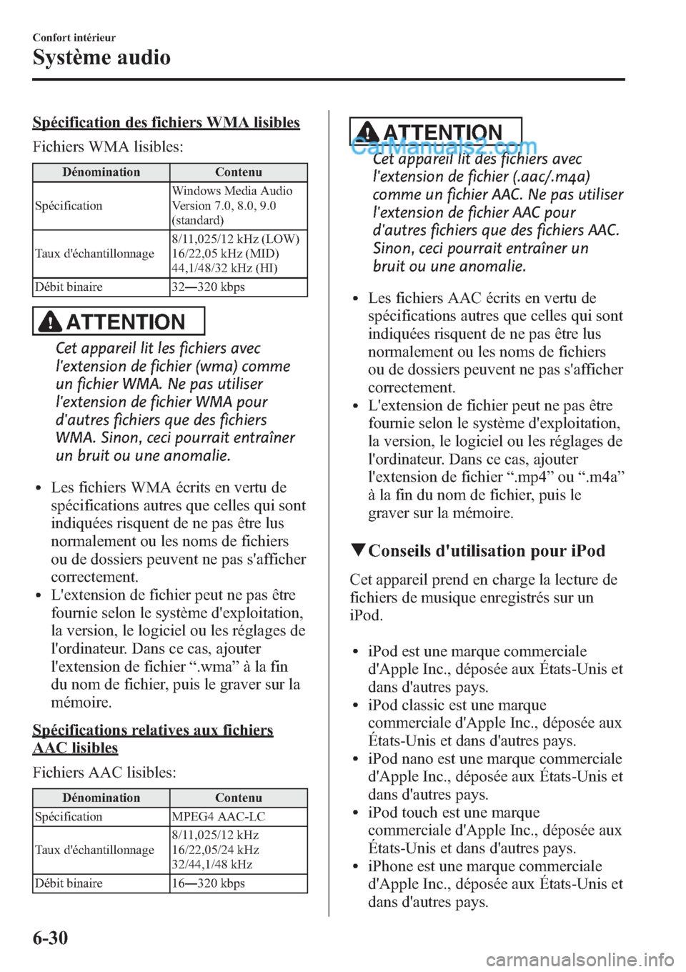 MAZDA MODEL CX-9 2013 Manuel du propriétaire (in French) Spécification des fichiers WMA lisibles
Fichiers WMA lisibles:
Dénomination Contenu
SpécificationWindows Media Audio
Version 7.0, 8.0, 9.0
(standard)
Taux déchantillonnage8/11,025/12 kHz (LOW)
16 MAZDA MODEL CX-9 2013 Manuel du propriétaire (in French) Spécification des fichiers WMA lisibles
Fichiers WMA lisibles:
Dénomination Contenu
SpécificationWindows Media Audio
Version 7.0, 8.0, 9.0
(standard)
Taux déchantillonnage8/11,025/12 kHz (LOW)
16