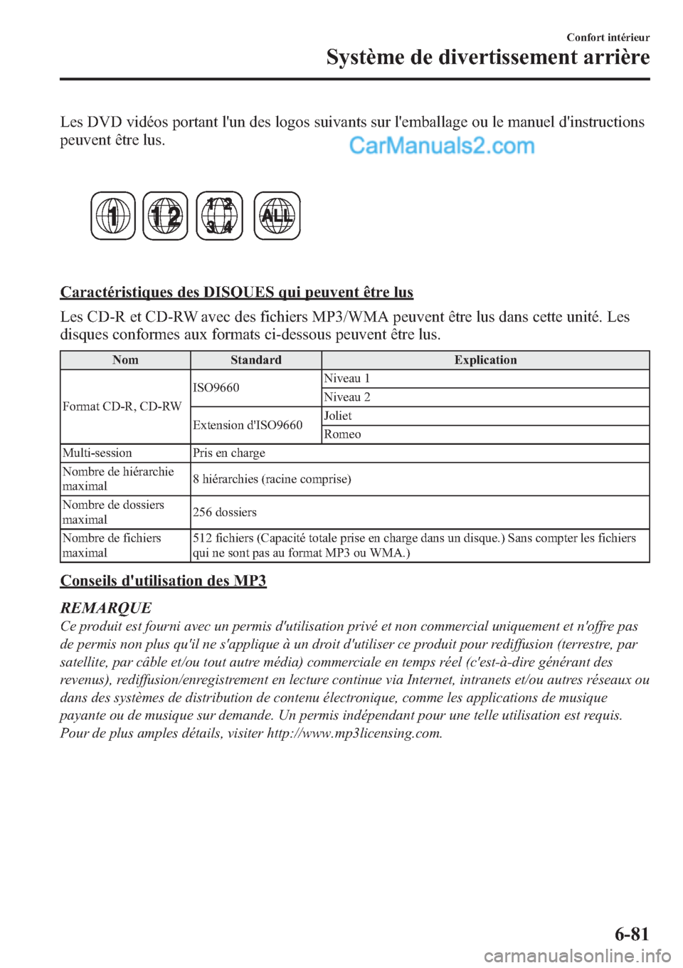 MAZDA MODEL CX-9 2013 Manuel du propriétaire (in French) Les DVD vidéos portant lun des logos suivants sur lemballage ou le manuel dinstructions
peuvent être lus.
Caractéristiques des DISQUES qui peuvent être lus
Les CD-R et CD-RW avec des fichiers M MAZDA MODEL CX-9 2013 Manuel du propriétaire (in French) Les DVD vidéos portant lun des logos suivants sur lemballage ou le manuel dinstructions
peuvent être lus.
Caractéristiques des DISQUES qui peuvent être lus
Les CD-R et CD-RW avec des fichiers M